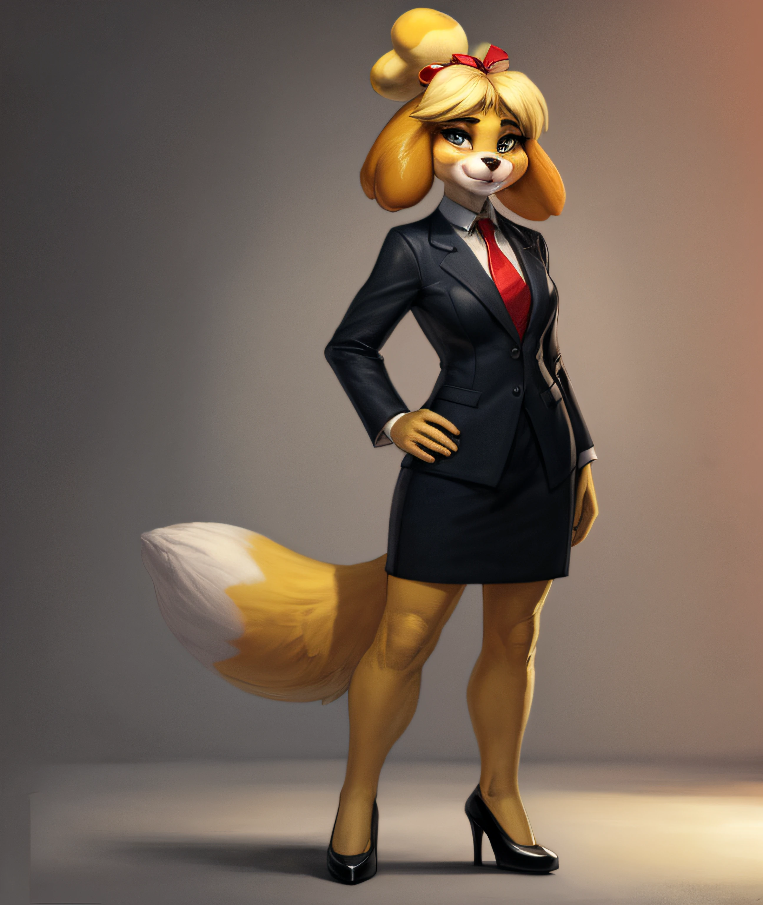 [isaCrossing], [Isabelle; Animal Crossing], [Uploaded to e621.net; (Pixelsketcher), (wamudraws)], ((masterpiece)), ((solo portrait)), ((front view)), full body view, ((furry; anthro)), ((detailed fur)), ((detailed shading)), ((beautiful render art)), {anthro; yellow fur, black nose, small brown eyebrows, smug, (blushing), makeup, eyeshadow, blonde hair, (bells in hair), topknot, fluffy tail, (high heels)}, {(red ribbon), skirt suit, suit and tie, ((three-piece suit)), necktie, waistcoat, blazer, bodycon miniskirt, standing, confident stance, hand on hip,