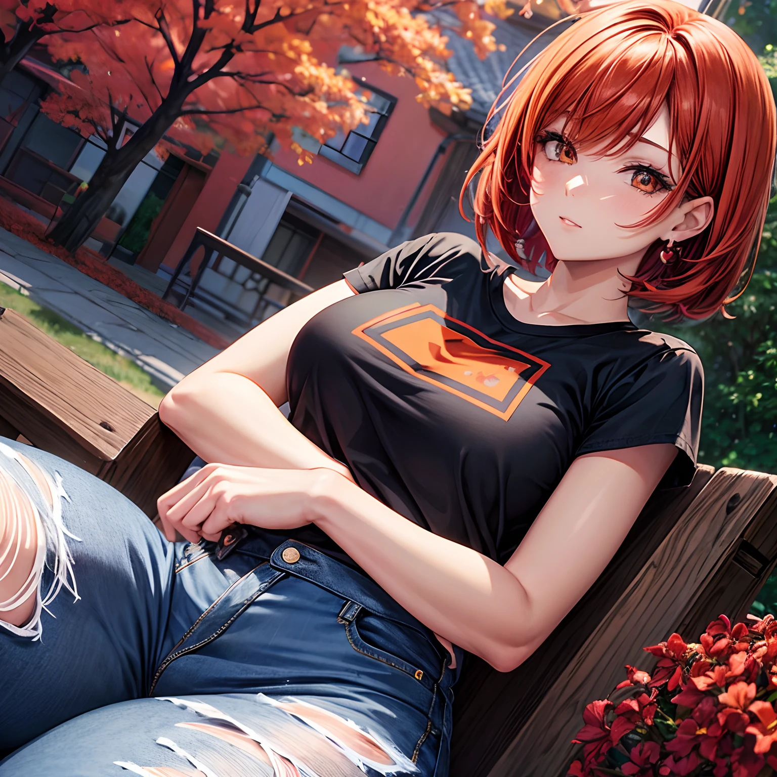Estilo anime, uma linda mulher, Shimmering Orange Iris, short hair messy red, Wearing a black shirt and jeans, fundo detalhado, A square, cherry trees