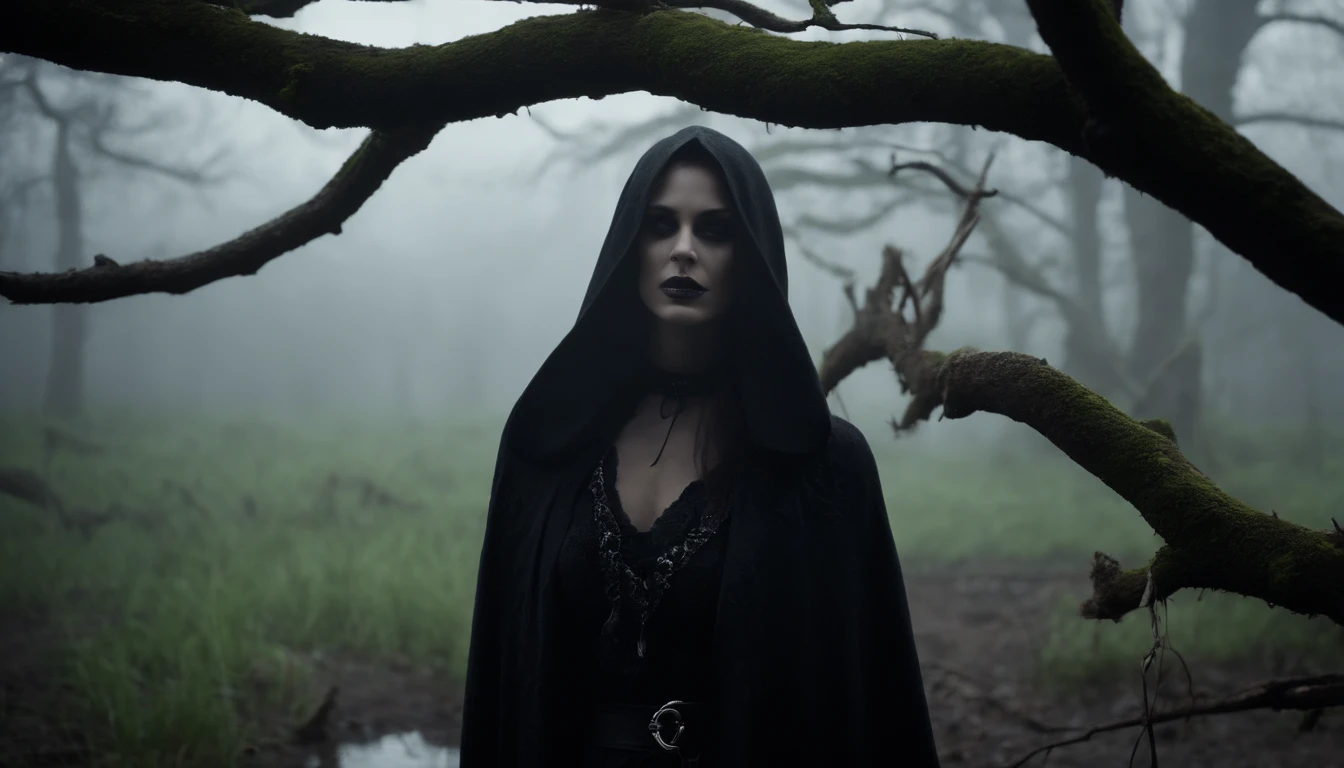 Goth girl with goth make-up in a creepy foggy marsh, witch aesthetic, the Blair witch project, wiccan aesthetic, dark atmosphere, ominous atmosphere, ultra detailed, masterpiece.