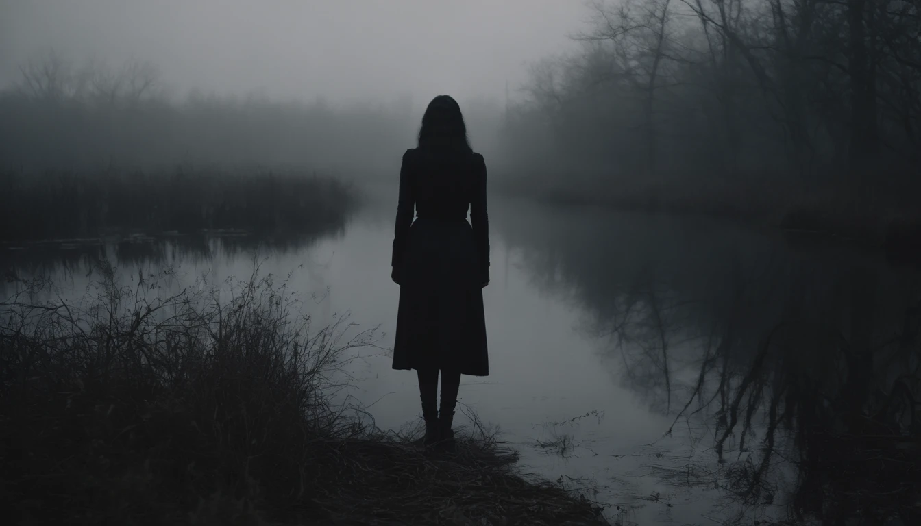 Goth girl with goth make-up in a creepy foggy marsh, witch aesthetic, the Blair witch project, wiccan aesthetic, dark atmosphere, ominous atmosphere, ultra detailed, masterpiece.