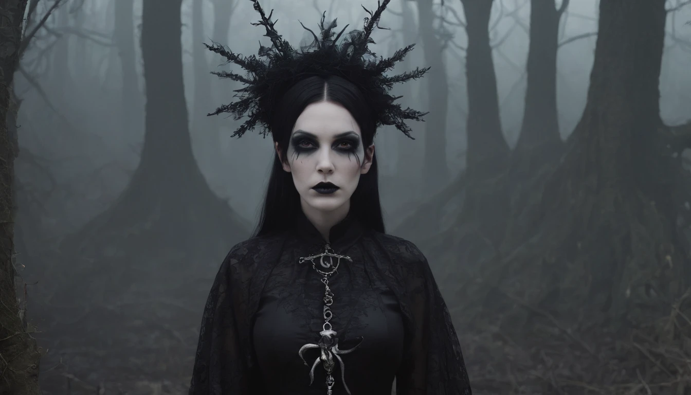 Goth girl with goth make-up in a creepy foggy marsh, witch aesthetic, the Blair witch project, wiccan aesthetic, dark atmosphere, ominous atmosphere, ultra detailed, masterpiece.