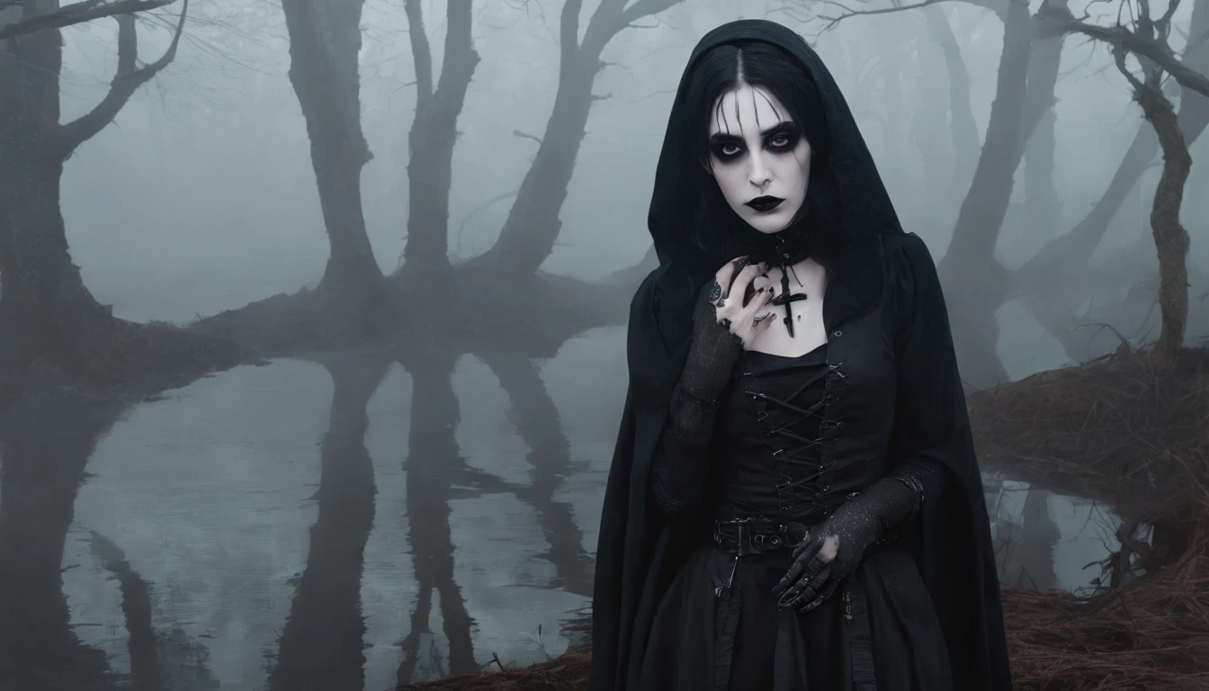 Goth girl with goth make-up in a creepy foggy marsh, witch aesthetic, the Blair witch project, wiccan aesthetic, dark atmosphere, ominous atmosphere, ultra detailed, masterpiece.