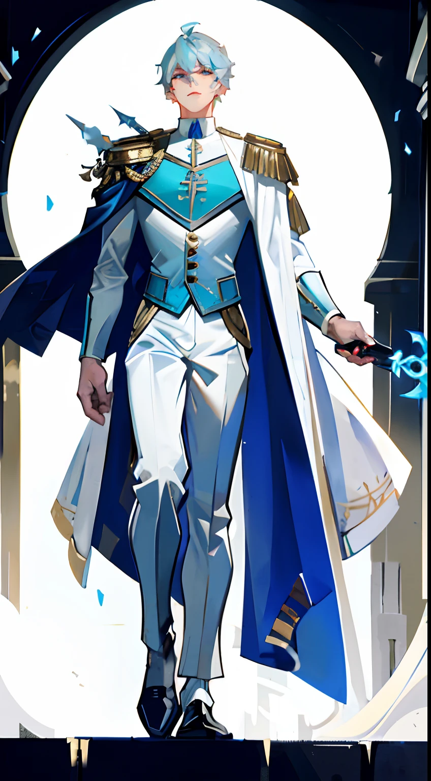 Elegant man, strong physique, white robe, white colored Arabian pants, light blue noble blouse, white boots, messy light blue hair, look of satisfaction, short hair, dark blue colored eyes, noble appearance, holding a silver spear, ancient castle, medieval setting.