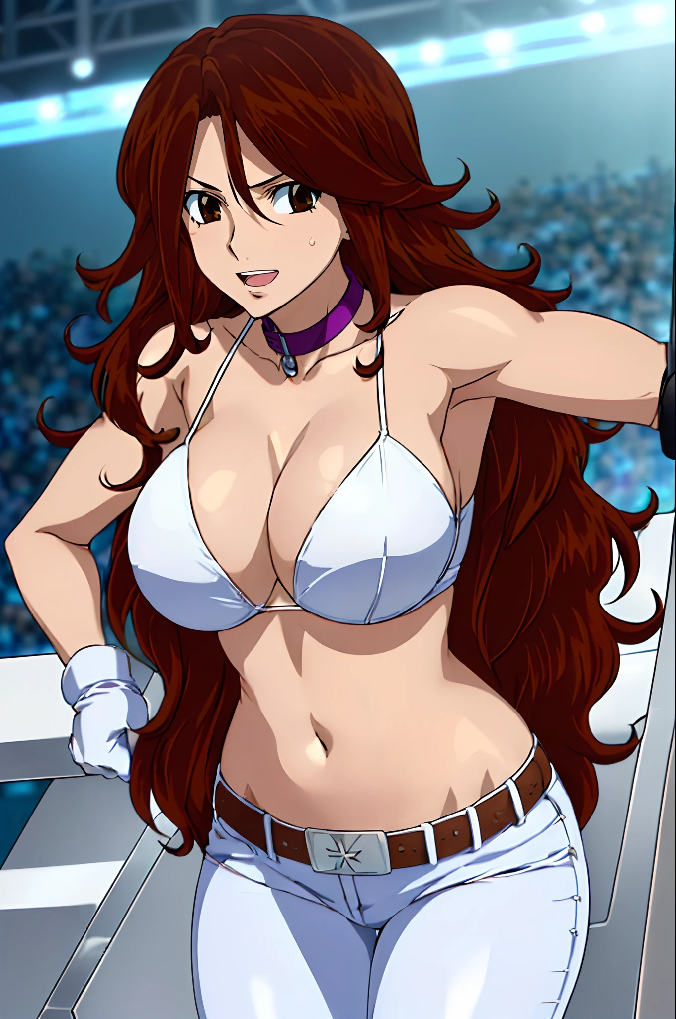 curvy midsection, solo, 1 girl, ultra toned arms, sweating very nuch, tired, smile, breathing heavily), (detailed titration screen, upper body only, anime style: 1.8, anime drawing, ultra detailed face, ultra detailed body, 4k, Sumergai Lee Noriega, (standing), best quality, anime style, hires, highest definition, digital blending, bold drawing lines, ((wwe diva), (location: wrestling arena, crowds watching), ( slim body, (little biceps), , off-shoulders, closed fists, (very curvy: 2.8)), ((white bikini only, jeans, white gloves, collar, hand protector, (champion belt on bare belly))), (pale skin, big breasts, widely open mouth, teeth), (big eyes, brown eyes), (leaning forward), (brown hair, loose hair, curly hair, wavy hair, long hair, missy hair), 27 years old,