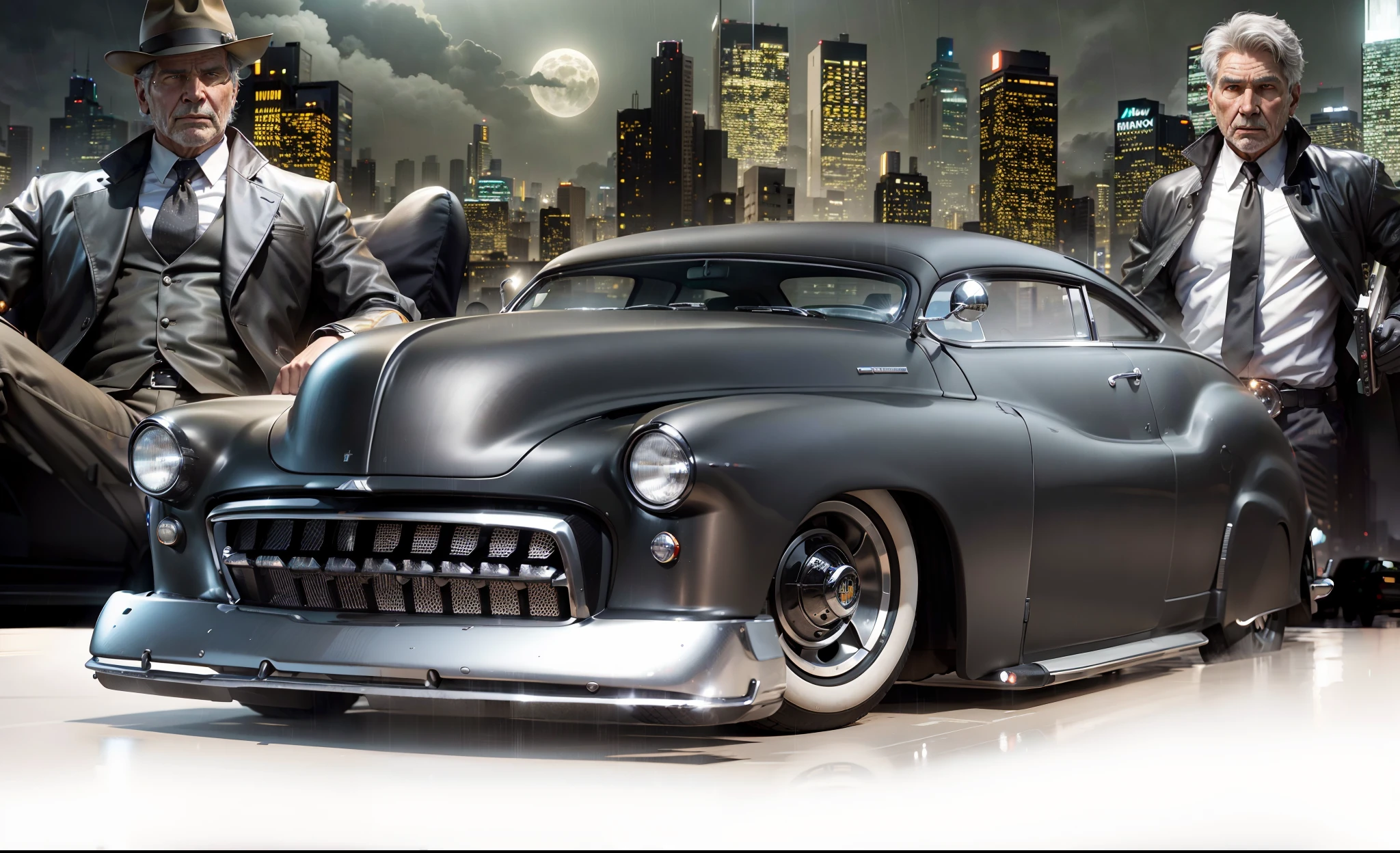 Um carro Mercury 49 preto muito possante em primeiro plano, Behind a gangster in a hat and heavily armed, do outro lado Harrison Ford vestido como gangster e armado, In the background, the buildings of the city of New Yprk at night with the buildings lit up on a rainy and foggy night