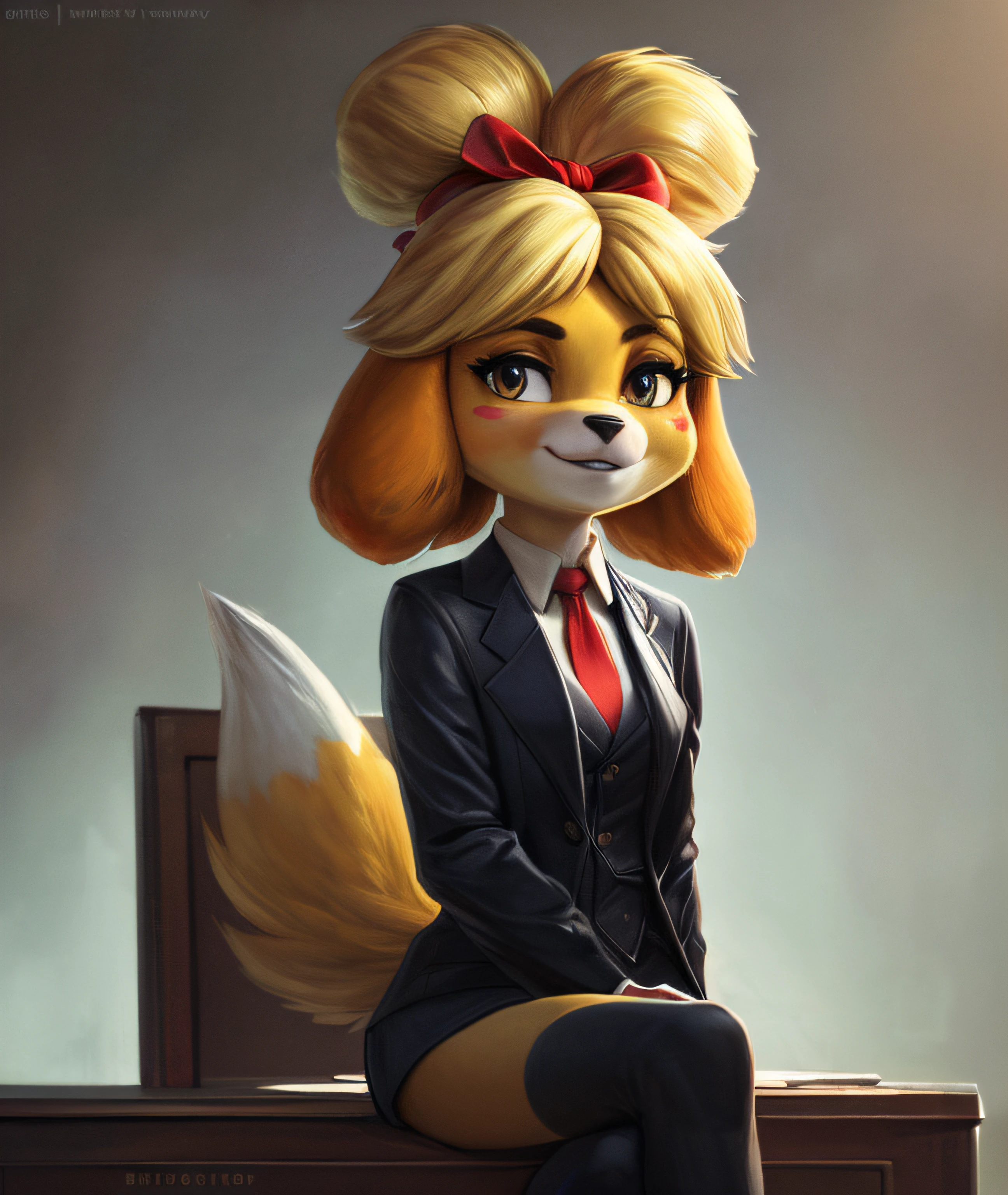 [isaCrossing], [Isabelle; Animal Crossing], [Uploaded to e621.net; (Pixelsketcher), (wamudraws)], ((masterpiece)), ((solo portrait)), ((front view)), full body view, ((furry; anthro)), ((detailed fur)), ((detailed shading)), ((beautiful render art)), {anthro; yellow fur, black nose, small brown eyebrows, short, shortstack, smug, (blushing), makeup, (shiny eyeshadow), lipstick, blonde hair, (bells in hair), topknot, fluffy tail, (high heels)}, {(red ribbon), navy pinstripe skirt suit, suit and tie, ((three-piece suit)), necktie, waistcoat, blazer, bodycon miniskirt, sitting on chair, confident, hand on hip,