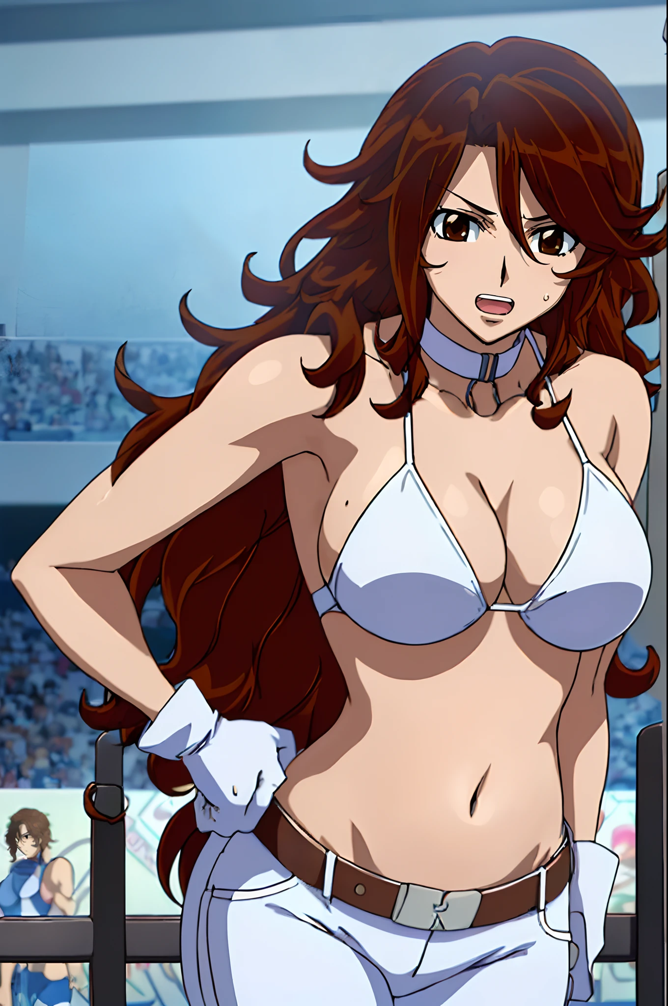 curvy midsection, solo, 1 girl, ultra toned arms, sweating very nuch, tired, smile, breathing heavily), (detailed titration screen, upper body only, anime style: 1.8, anime drawing, ultra detailed face, ultra detailed body, 4k, Sumergai Lee Noriega, (standing), best quality, anime style, hires, highest definition, digital blending, bold drawing lines, ((wwe diva), (location: wrestling arena, crowds watching), ( slim body, (little biceps), , off-shoulders, closed fists, (very curvy: 2.8)), ((white bikini only, jeans, white gloves, collar, hand protector, (champion belt on bare belly))), (pale skin, big breasts, widely open mouth, teeth), (big eyes, brown eyes), (leaning forward), (brown hair, loose hair, curly hair, wavy hair, long hair, missy hair), 27 years old,