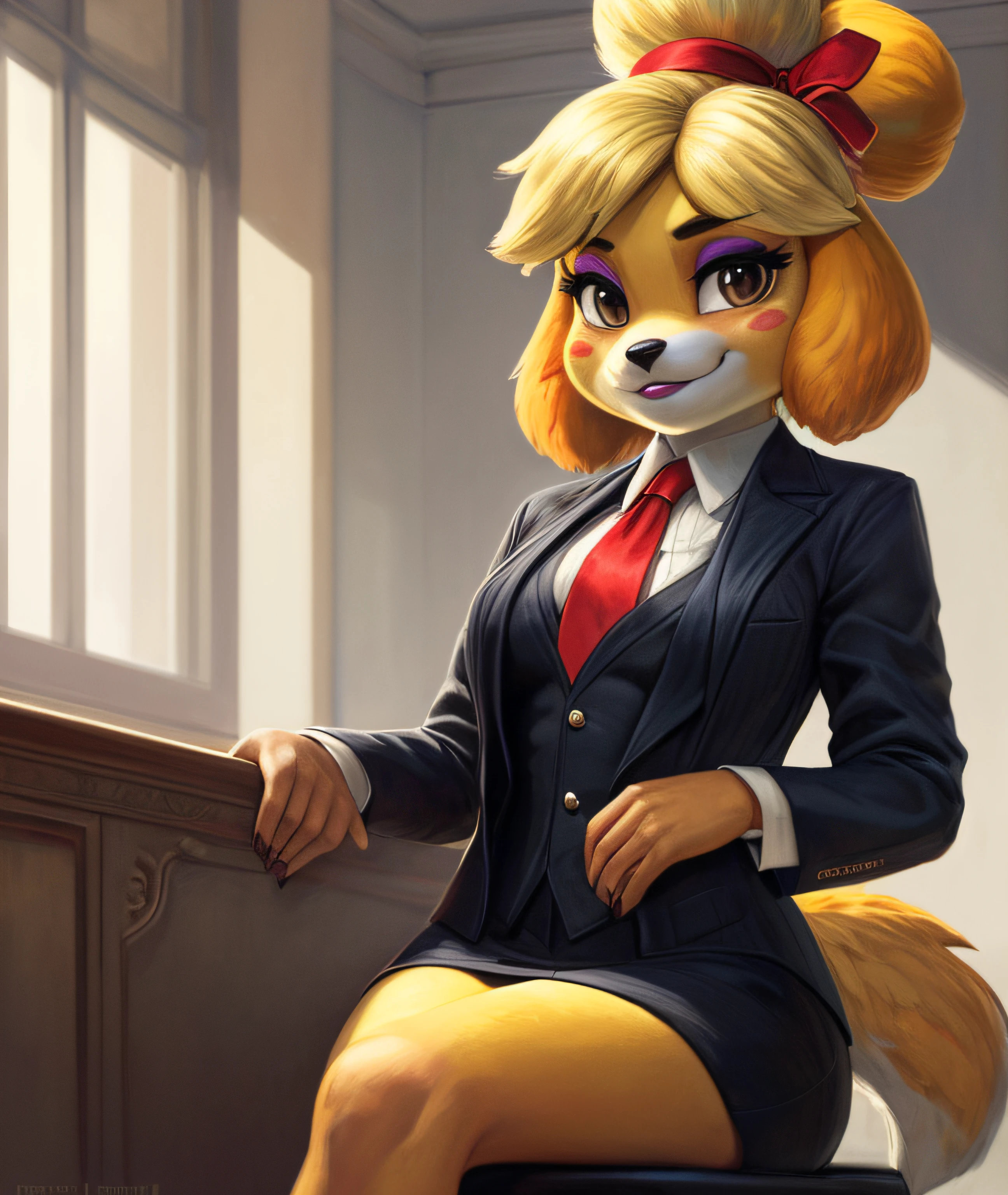 [isaCrossing], [Isabelle; Animal Crossing], [Uploaded to e621.net; (Pixelsketcher), (wamudraws)], ((masterpiece)), ((solo portrait)), ((front view)), full body view, ((furry; anthro)), ((detailed fur)), ((detailed shading)), ((beautiful render art)), {anthro; yellow fur, black nose, small brown eyebrows, short, shortstack, smug, (blushing), makeup, (shiny eyeshadow), lipstick, blonde hair, (bells in hair), topknot, fluffy tail, (high heels)}, {(red ribbon), navy pinstripe skirt suit, suit and tie, ((three-piece suit)), necktie, waistcoat, blazer, bodycon miniskirt, sitting on chair, confident, hand on hip,