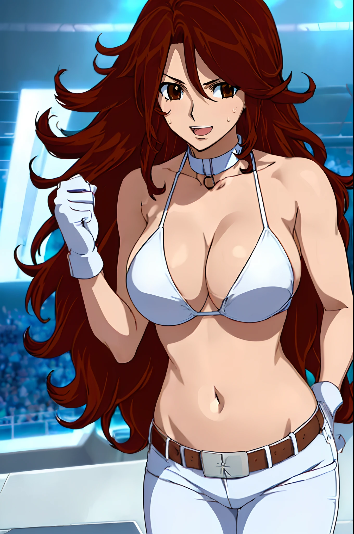 curvy midsection, solo, 1 girl, ultra toned arms, sweating very nuch, tired, smile, breathing heavily), (detailed titration screen, upper body only, anime style: 1.8, anime drawing, ultra detailed face, ultra detailed body, 4k, Sumergai Lee Noriega, (standing), best quality, anime style, hires, highest definition, digital blending, bold drawing lines, ((wwe diva), (location: wrestling arena, crowds watching), ( slim body, (little biceps), , off-shoulders, closed fists, (very curvy: 2.8)), ((white bikini only, jeans, white gloves, collar, hand protector, (champion belt on bare belly))), (pale skin, big breasts, widely open mouth, teeth), (big eyes, brown eyes), (leaning forward), (brown hair, loose hair, curly hair, wavy hair, long hair, missy hair), 27 years old,