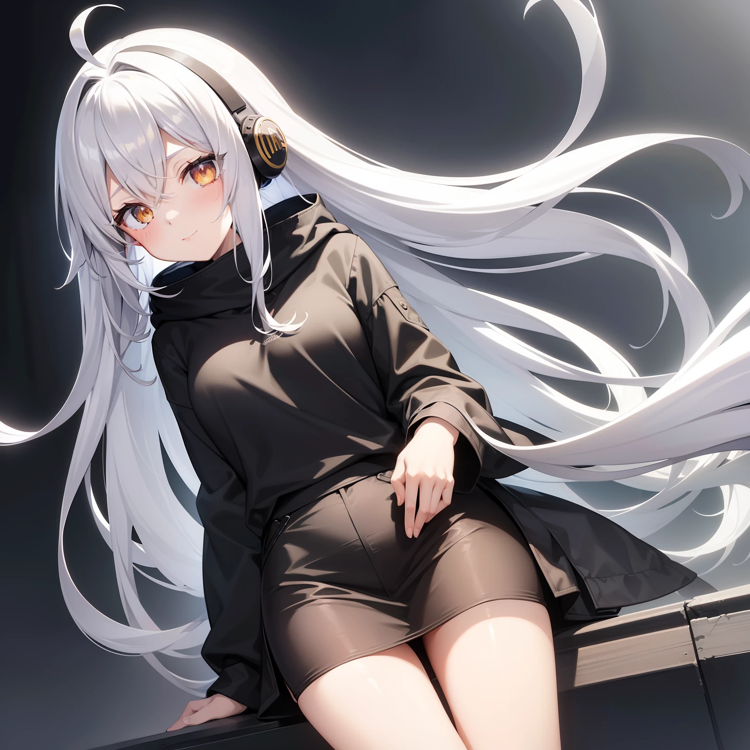 early evening　evening　Wearing cool headphones　Monotone clothes with a hood　Stick your hands in your pockets　Watch dusk　short-haired　Listening to music　Licking Chupa Chups　a girl alone　Gray hair sitting on the rooftop,illustratio,Multiple monitors highest quality、8K))One Woman　long hair anime girl、extremely cute anime girl face、nightcore、From the front line of girls、Portrait of a cute anime girl、Whole body, from bellow,ceiling,Looking at Viewer, Head_tilt, Petite, girl,Woman,Female, Mature,30 years old, Very long hair, flipped hair, White and silver hair, Flowing hair, Ahoge, lightsmile,Closed_Eyes , Medium_breasts, thighs thighs thighs thighs, {{{{{{{{ Black Parker Oversize }}}}}}}},Transparent_Background, Transparent_Background, Transparent_Background, absurderes, hight resolution, very precise details, beautiful and delicate golden eyes