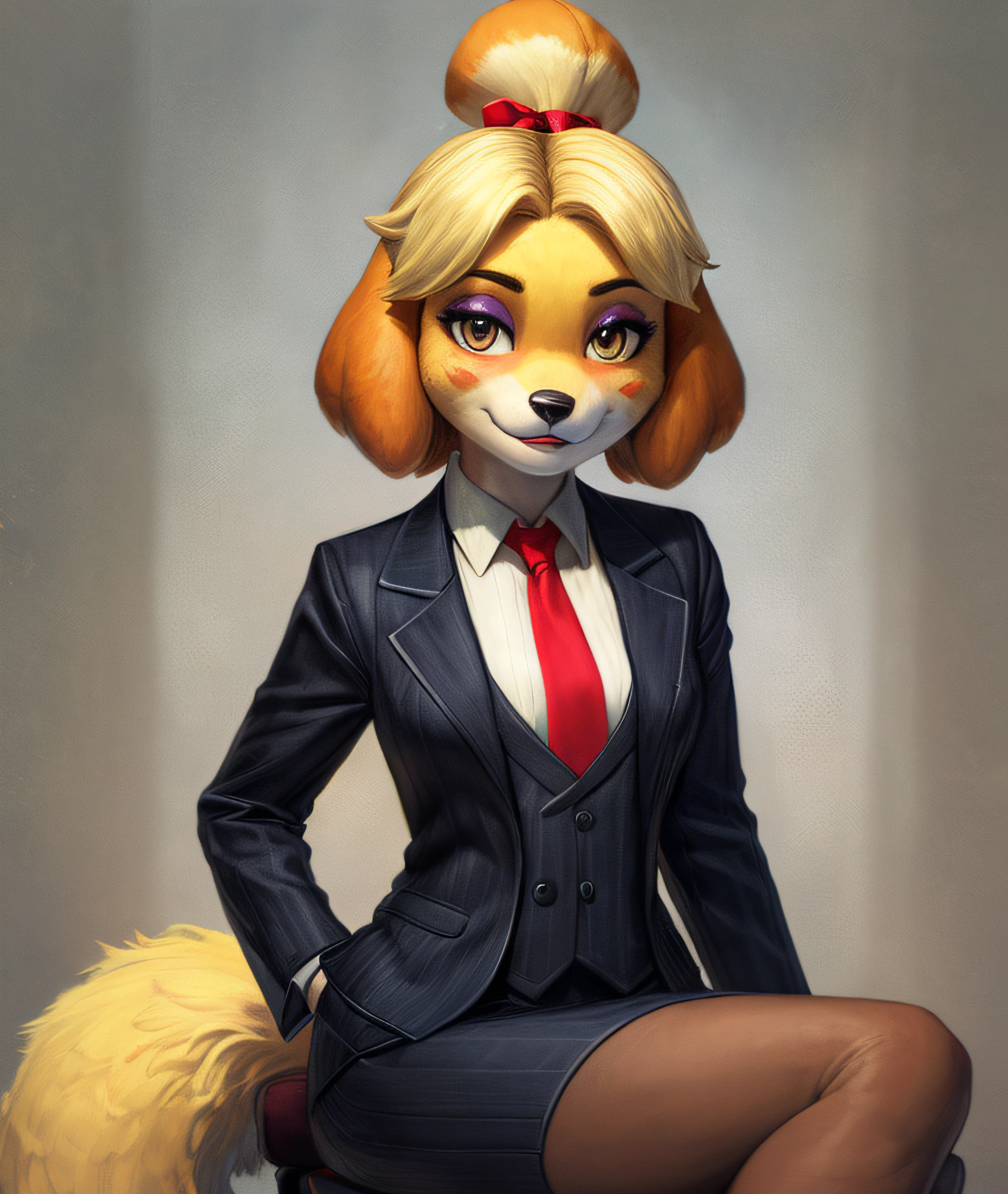 [isaCrossing], [Isabelle; Animal Crossing], [Uploaded to e621.net; (Pixelsketcher), (wamudraws)], ((masterpiece)), ((solo portrait)), ((front view)), full body view, ((furry; anthro)), ((detailed fur)), ((detailed shading)), ((beautiful render art)), {anthro; yellow fur, black nose, small brown eyebrows, short, shortstack, smug, (blushing), makeup, (shiny eyeshadow), lipstick, blonde hair, (bells in hair), topknot, fluffy tail, (high heels)}, {(red ribbon), navy pinstripe skirt suit, suit and tie, ((three-piece suit)), necktie, waistcoat, blazer, bodycon miniskirt, sitting on chair, confident, hand on hip,