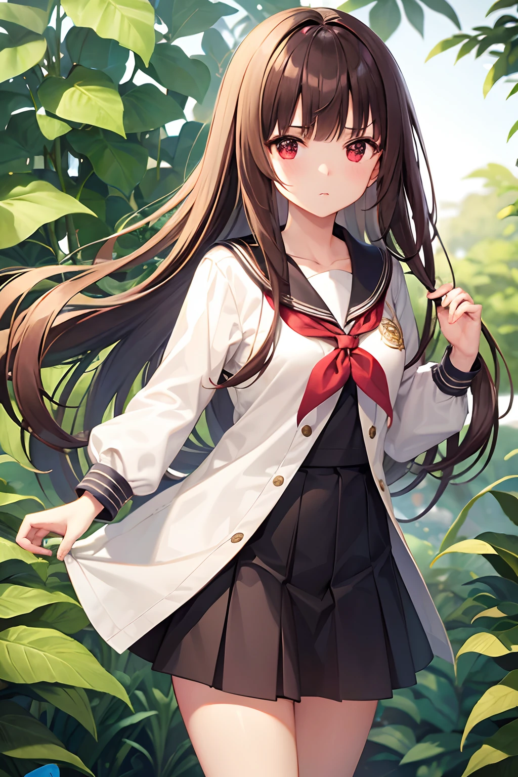 brown haired、length hair、femele、Plant pendant、a sailor suit、pleatedskirt、Sullen face、Red eyes、without background、hightquality