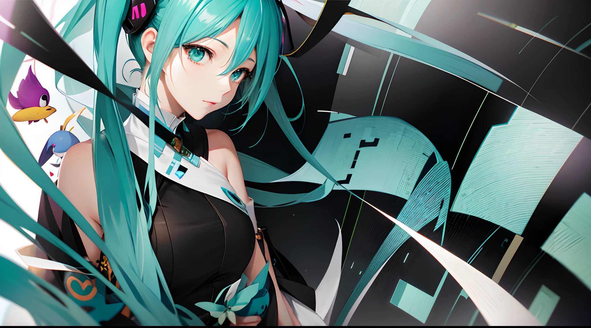 Anime girl with blue hair and blue eyes holding a gun, Hatsune Miku, hatsune miku portrait, Portrait of Hatsune Miku, zerochan art, Miku, Pixiv Contest Winner, pixiv, Digital art at Pixiv, Mikudayo, anime style 4 k, by Shitao, VOCALOID, anime art wallpaper 4k, anime art wallpaper 4k　Fume、Lack of strength in the eyes、Do not draw contours、Pale watercolor、