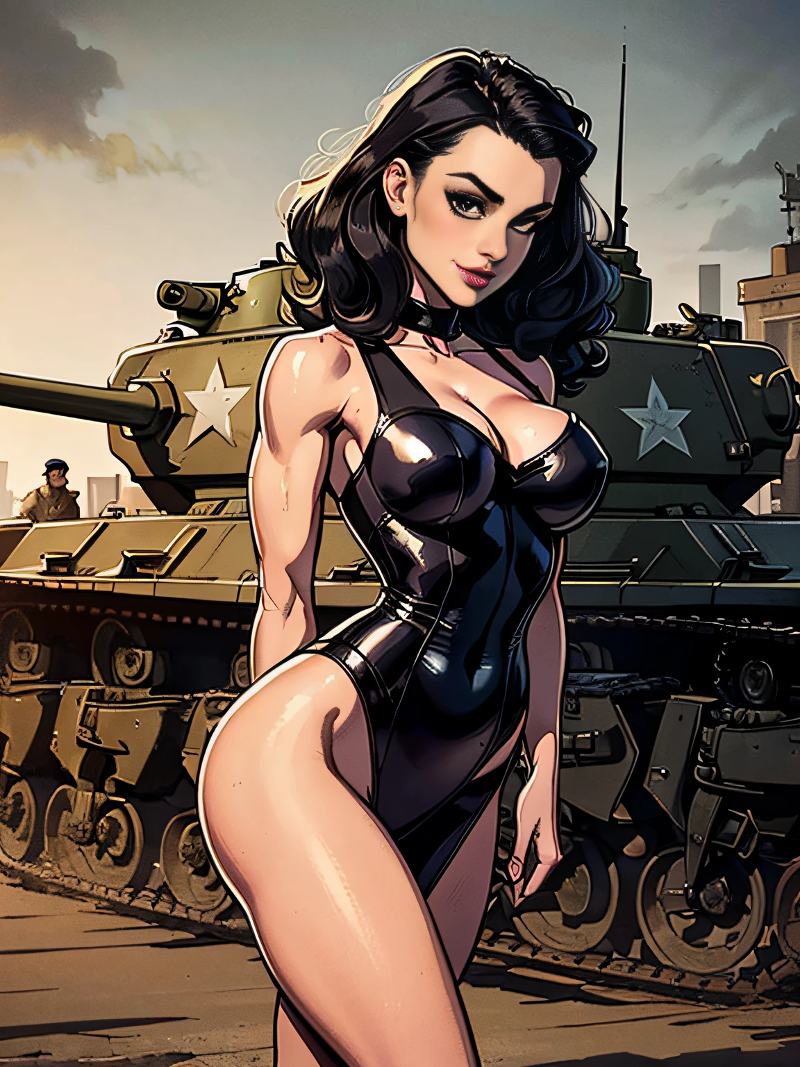 (masterpiece, top quality, best quality, official art, beautiful and aesthetic:1.2), (1girl:1.3), black hair victory curls, vintage 1940's American hairstyle, extremely detailed, portrait, looking at viewer, solo, (full body:0.6), detailed background, close up, vintage makeup, retro style, (warm summer military base theme:1.1), pinup girl, elegant face, long face, charlatan, smirk, mysterious, posing on top of a tank, patriotic costume, star spangled costume, high heels, legs, M4 Sherman tank, WWII tank, armored vehicle, (((( medium, breast )))), toned, slim waist, slim hips, long legs, muscular legs, historical (WW2 army base exterior:1.1) background, dark mysterious lighting, shadows, magical atmosphere, dutch angle