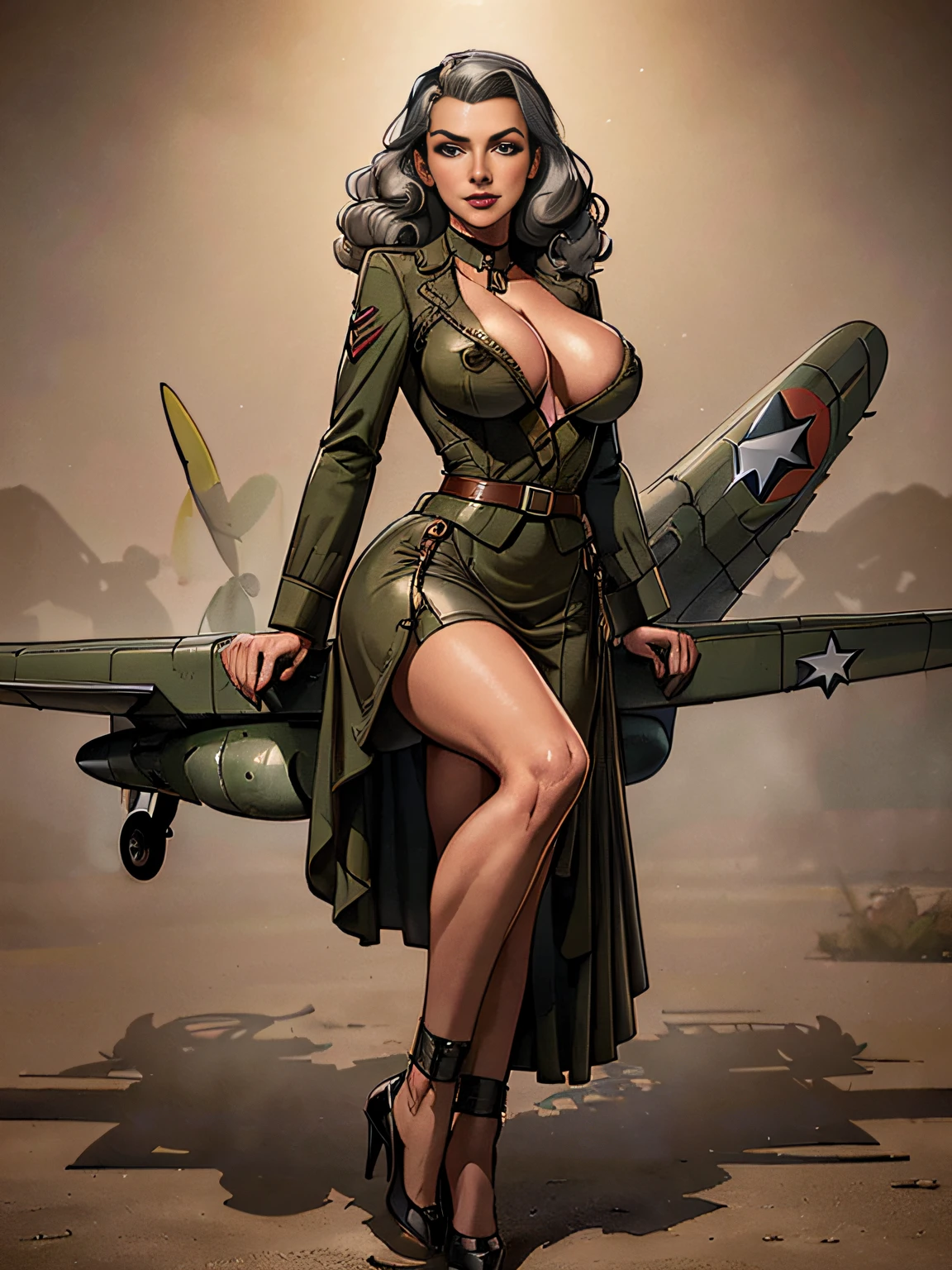 (masterpiece, top quality, best quality, official art, beautiful and aesthetic:1.2), (1girl:1.3), (gray hair victory curls), vintage 1940's American hairstyle, extremely detailed, portrait, looking at viewer, solo, (full body:0.6), detailed background, close up, vintage makeup, retro style, (warm summer military base theme:1.1), pinup girl, elegant face, long face, charlatan, smirk, mysterious, patriotic military costume, high heels, legs, P 31 mustang plane, WWII plane, fighter, plane,(((( medium, breast )))), toned, slim waist, slim hips, long legs, muscular legs, historical (WW2 airbase exterior:1.1) background, dark mysterious lighting, shadows, magical atmosphere, dutch angle
