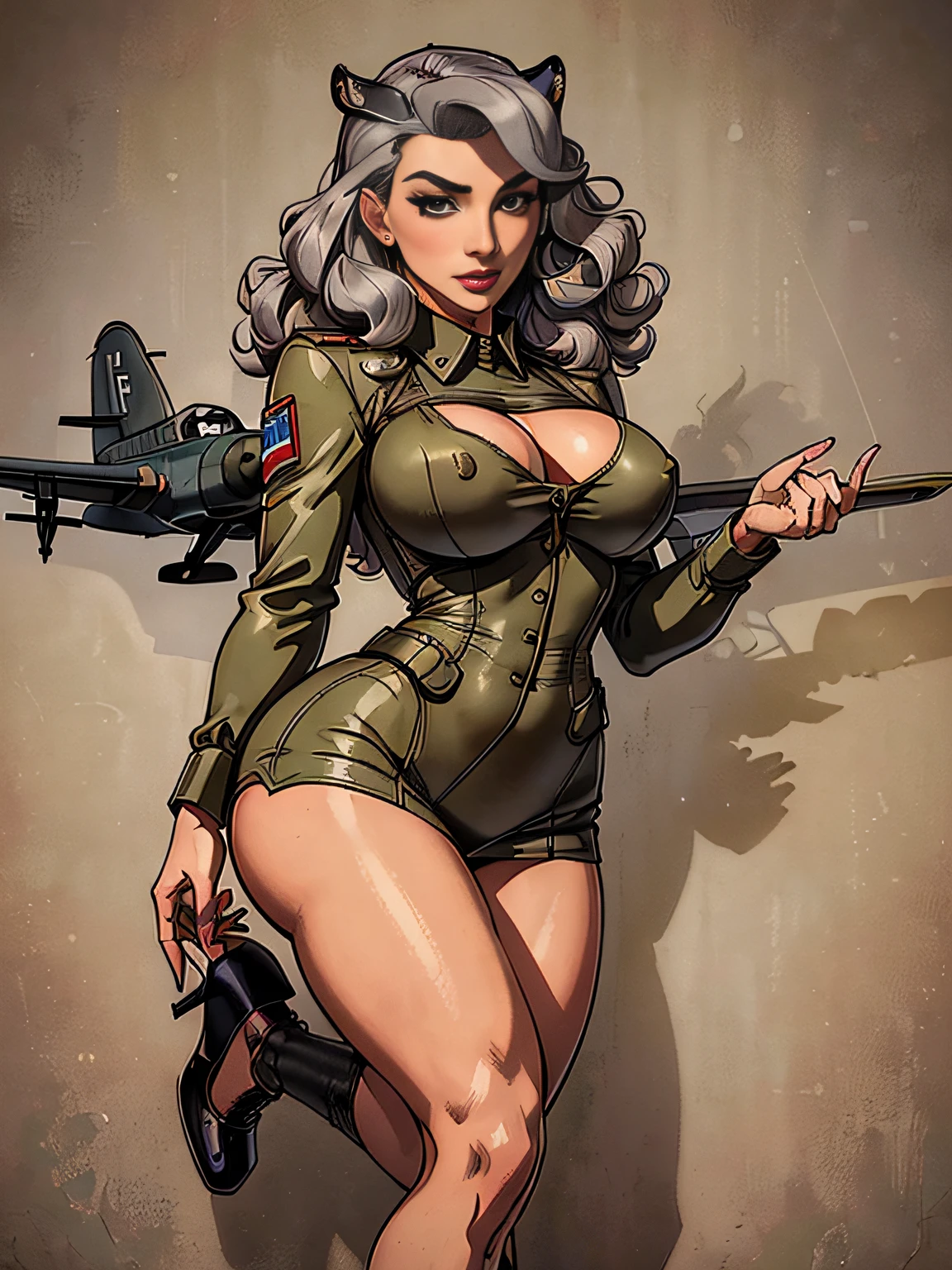 (masterpiece, top quality, best quality, official art, beautiful and aesthetic:1.2), (1girl:1.3), (gray hair victory curls), vintage 1940's American hairstyle, extremely detailed, portrait, looking at viewer, solo, (full body:0.6), detailed background, close up, vintage makeup, retro style, (warm summer military base theme:1.1), pinup girl, elegant face, long face, charlatan, smirk, mysterious, patriotic costume, high heels, legs, P 31 mustang plane, WWII plane, fighter, ((flying, tiger, or plane)) ,plane, (((( medium, breast )))), toned, slim waist, slim hips, long legs, muscular legs, historical (WW2 airbase exterior:1.1) background, dark mysterious lighting, shadows, magical atmosphere, dutch angle