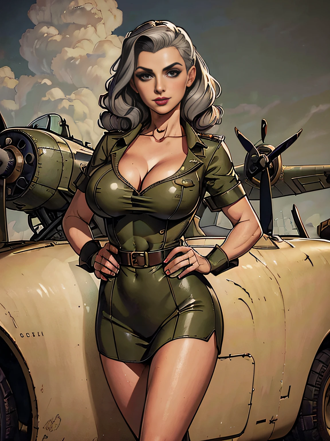 (masterpiece, top quality, best quality, official art, beautiful and aesthetic:1.2), (1girl:1.3), (gray hair victory curls), vintage 1940's American hairstyle, extremely detailed, portrait, looking at viewer, solo, (full body:0.6), detailed background, close up, vintage makeup, retro style, (warm summer military base theme:1.1), pinup girl, elegant face, long face, charlatan, smirk, mysterious, patriotic military costume, high heels, legs, P 31 mustang plane, WWII plane, fighter, plane,(((( medium, breast )))), toned, slim waist, slim hips, long legs, muscular legs, historical (WW2 airbase exterior:1.1) background, dark mysterious lighting, shadows, magical atmosphere, dutch angle