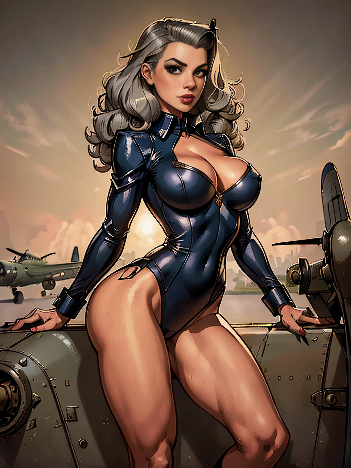 (masterpiece, top quality, best quality, official art, beautiful and aesthetic:1.2), (1girl:1.3), (gray hair victory curls), vintage 1940's American hairstyle, extremely detailed, portrait, looking at viewer, solo, (full body:0.6), detailed background, close up, vintage makeup, retro style, (warm summer military base theme:1.1), pinup girl, elegant face, long face, charlatan, smirk, mysterious, patriotic military costume, high heels, legs, P 31 mustang plane, WWII plane, fighter, plane,(((( medium, breast )))), toned, slim waist, slim hips, long legs, muscular legs, historical (WW2 airbase exterior:1.1) background, dark mysterious lighting, shadows, magical atmosphere, dutch angle