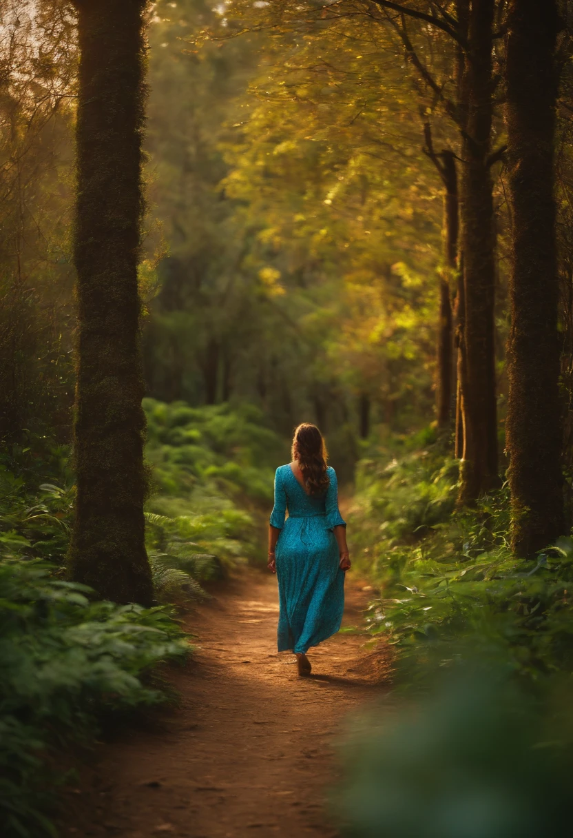 a woman walking, num dia chuvoso na floresta