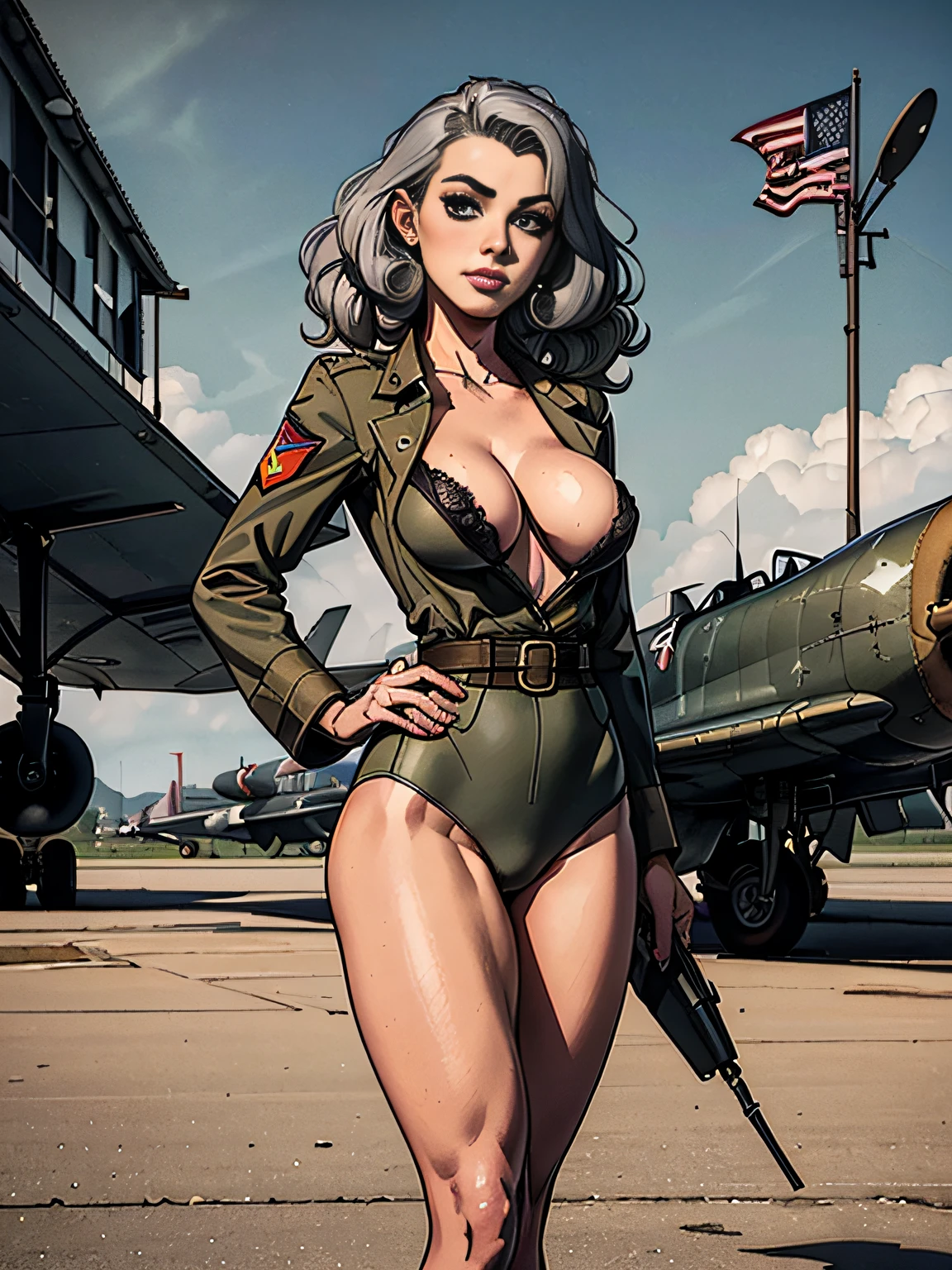 (masterpiece, top quality, best quality, official art, beautiful and aesthetic:1.2), (1girl:1.3), (gray hair victory curls), vintage 1940's American hairstyle, extremely detailed, portrait, looking at viewer, solo, (full body:0.6), detailed background, close up, vintage makeup, retro style, (warm summer military base theme:1.1), pinup girl, elegant face, long face, charlatan, smirk, mysterious, patriotic military costume, high heels, legs, P 31 mustang plane, WWII plane, fighter, plane,(((( medium, breast )))), toned, slim waist, slim hips, long legs, muscular legs, historical (WW2 airbase exterior:1.1) background, dark mysterious lighting, shadows, magical atmosphere, dutch angle