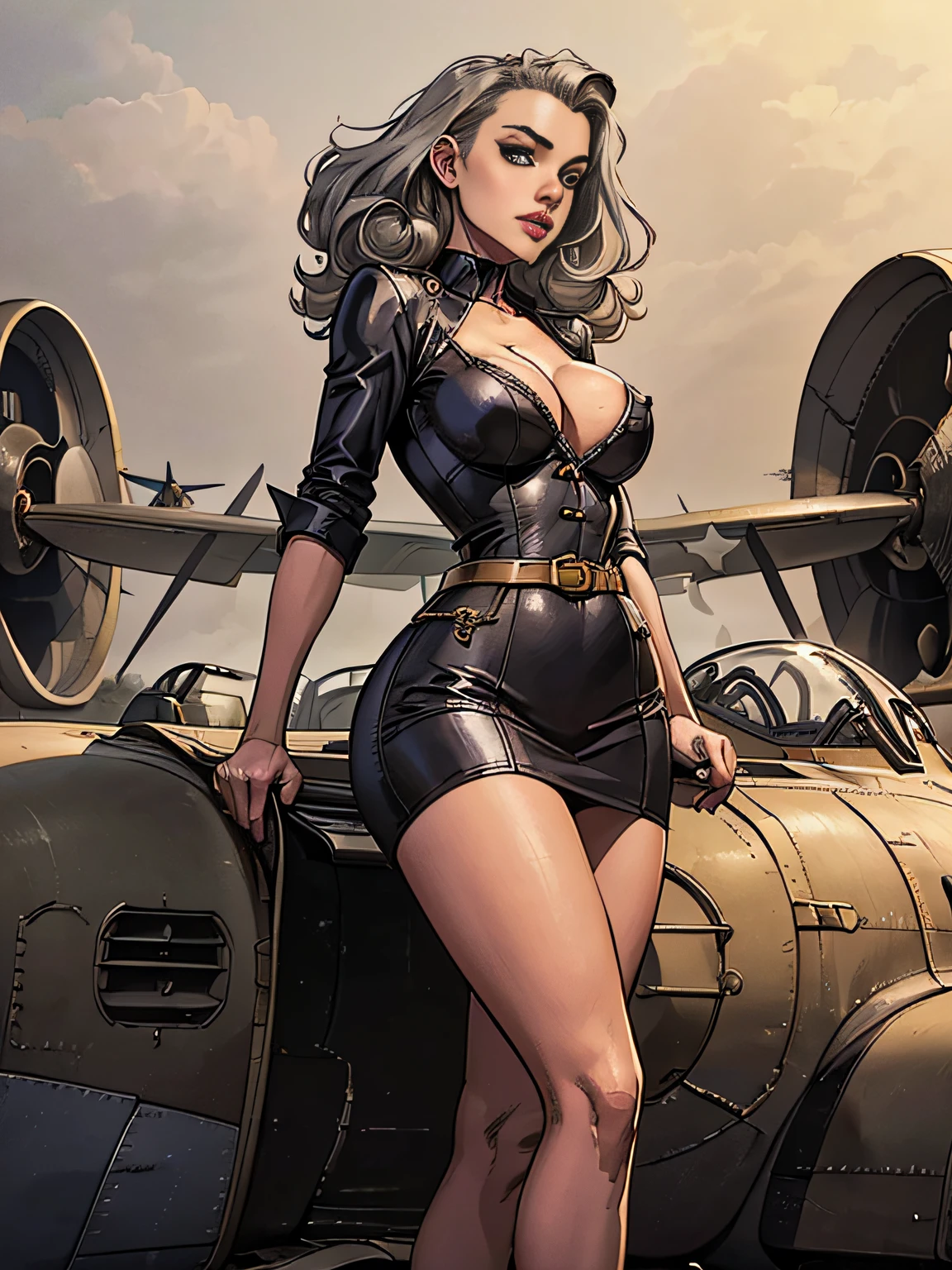 (masterpiece, top quality, best quality, official art, beautiful and aesthetic:1.2), (1girl:1.3), (gray hair victory curls), vintage 1940's American hairstyle, extremely detailed, portrait, looking at viewer, solo, (full body:0.6), detailed background, close up, vintage makeup, retro style, (warm summer military base theme:1.1), pinup girl, elegant face, long face, charlatan, smirk, mysterious, patriotic costume, high heels, legs, P 31 mustang plane, WWII plane, fighter, ((flying, tiger, or plane)) ,plane, (((( medium, breast )))), toned, slim waist, slim hips, long legs, muscular legs, historical (WW2 airbase exterior:1.1) background, dark mysterious lighting, shadows, magical atmosphere, dutch angle