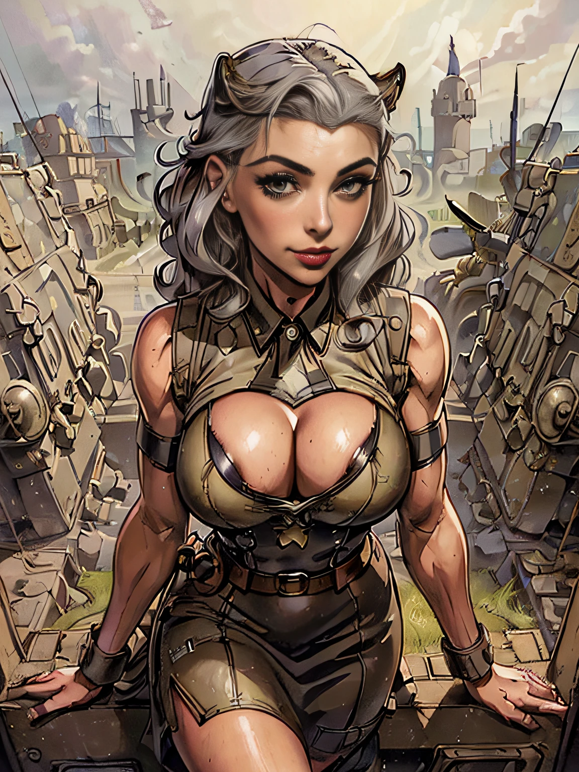 (masterpiece, top quality, best quality, official art, beautiful and aesthetic:1.2), (1girl:1.3), (gray hair victory curls), vintage 1940's American hairstyle, extremely detailed, portrait, looking at viewer, solo, (full body:0.6), detailed background, close up, vintage makeup, retro style, (warm summer military base theme:1.1), pinup girl, elegant face, long face, charlatan, smirk, mysterious, patriotic costume, high heels, legs, P 31 mustang plane, WWII plane, fighter, ((flying, tiger, or plane)) ,plane, (((( medium, breast )))), toned, slim waist, slim hips, long legs, muscular legs, historical (WW2 airbase exterior:1.1) background, dark mysterious lighting, shadows, magical atmosphere, dutch angle