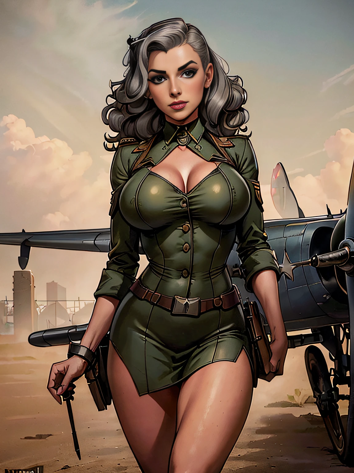 (masterpiece, top quality, best quality, official art, beautiful and aesthetic:1.2), (1girl:1.3), (gray hair victory curls), vintage 1940's American hairstyle, extremely detailed, portrait, looking at viewer, solo, (full body:0.6), detailed background, close up, vintage makeup, retro style, (warm summer military base theme:1.1), pinup girl, elegant face, long face, charlatan, smirk, mysterious, patriotic military costume, high heels, legs, P 31 mustang plane, WWII plane, fighter, plane,(((( medium, breast )))), toned, slim waist, slim hips, long legs, muscular legs, historical (WW2 airbase exterior:1.1) background, dark mysterious lighting, shadows, magical atmosphere, dutch angle