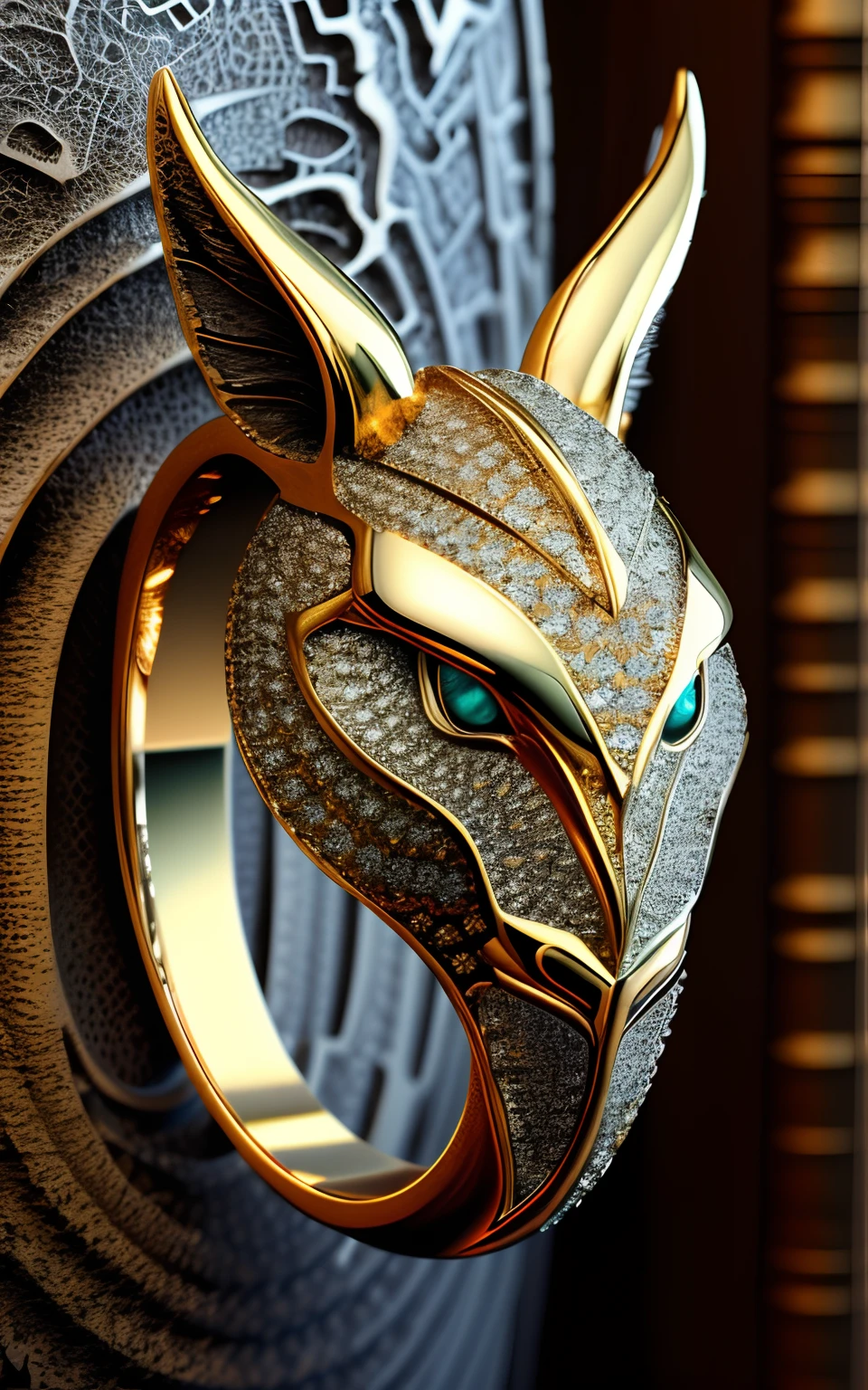 Engraved metal ring animal form, fractal, hypermaximalism,