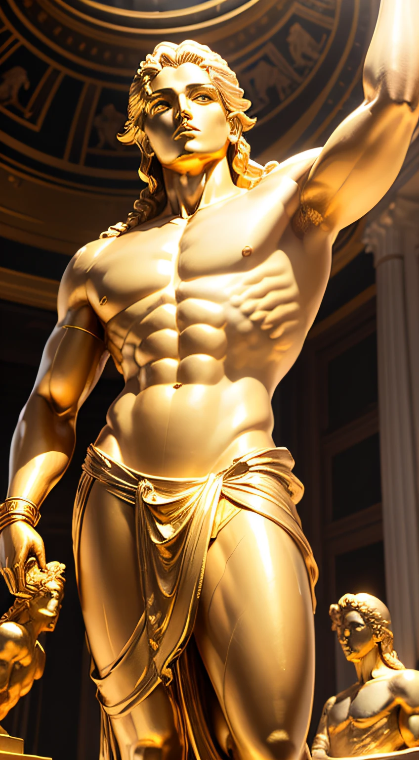 Create an image of a golden statue of Apollo, symbolizing his divine radiance and everlasting influence.