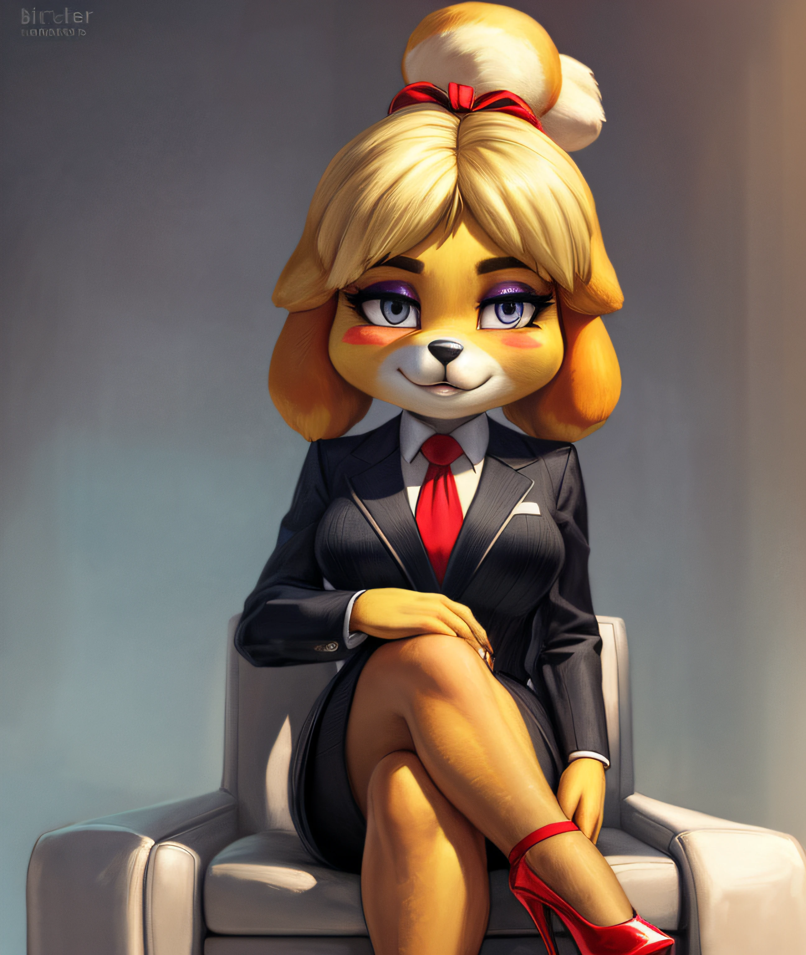 [isaCrossing], [Isabelle; Animal Crossing], [Uploaded to e621.net; (Pixelsketcher), (wamudraws)], ((masterpiece)), ((solo portrait)), ((front view)), full body view, ((furry; anthro)), ((detailed fur)), ((detailed shading)), ((beautiful render art)), {anthro; yellow fur, black nose, small brown eyebrows, short, shortstack, smug, seductive eyes, (blushing), makeup, (shiny eyeshadow), lipstick, blonde hair, (bells in hair), topknot, fluffy tail, (high heels)}, {(red ribbon), navy pinstripe skirt suit, suit and tie, ((three-piece suit)), striped necktie, waistcoat, blazer, bodycon miniskirt, sitting on chair, crossed legs, confident, boss lady, hand on hip,