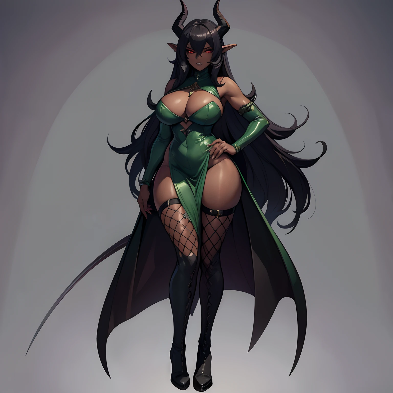 mature ebony skinned female with red eyes, silver flowing long hair, a form fitting green dress, wearing thigh high fishnets, wearing thigh high combat boots, thicc, has black demonic wings, has tiefling horns