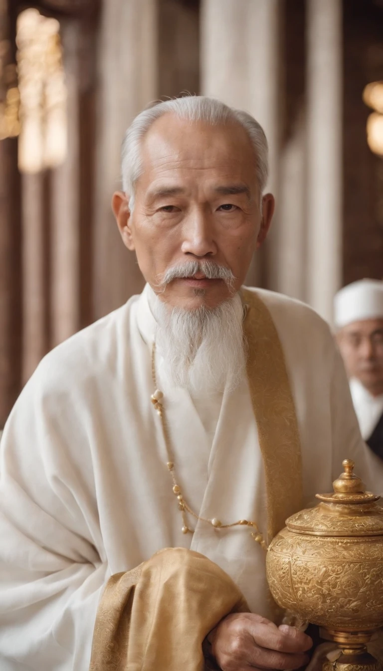 Immortals。Immortal，Temple，Meditate，Prayer beads，stately，a old man。white mustache，a cassock, white clothing with gold flower