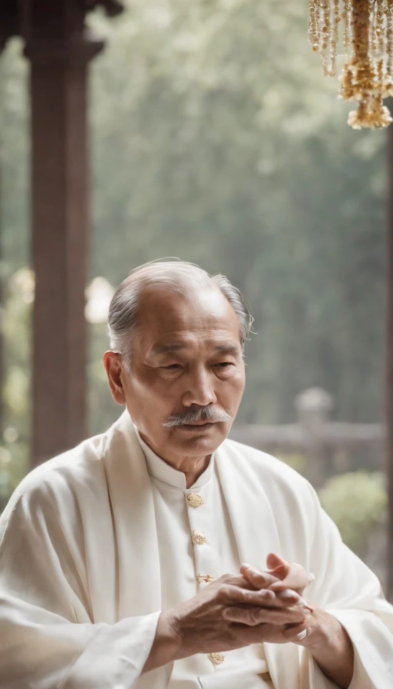 Immortals。Immortal,Temple,Meditate,Prayer beads,stately,a old man。white mustache,a cassock, white clothing with gold flower