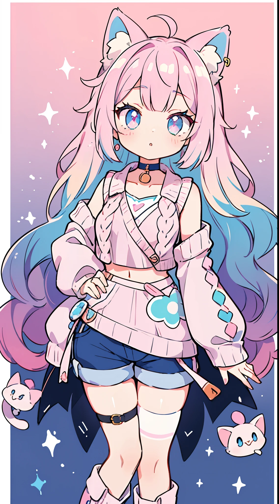 (((masutepiece, Best Quality))), (((dense lines))), (((Sharp Focus))), 1girl in, (Kodona), (((Decora))), (((multicolored hair, Gradient Hair, Two-tone hair, White hair, Lilac hair, Light pink hair:1.2))), ((full bodyesbian、Standing picture)), (((Cat ears in pastel colors))), (((pale pink glowing eyes))), (((slanted eye))), (((long eyelashes))), ((Lips)), earrings, ((Choker)), (((Pastel Blue Sleeveless Crop Top))), (((Oversized Pastel Pink Cardigan Sweater, long baggy sleeves))), (((Pastel Mini Shorts))), (((Pastel thigh high stockings))), (((Platform boots))), (((posing for viewer))) (((Cowboy Shot, Atmospheric perspective))), ((pastel)), ((Kawaii Pastel)), (((Glitter))), ((Scenery)), (((Pastel sky))), (Growart), Ombre, ombre hair, Add_detail:0.5, Add_detail:1, Add_detail:1, Add_detail:0, Add_detail:2, Ink Anime, Retro art style, neons_Pop Art Style, Art styles, ((Glow Phi)), (Growart), kahuka1, Colorful mix, multicolored hair, Wavy Hair, Colorful mix, multicolored hair, Wavy Hair, nffsw, colored eyelashes, White eyelashes, Glow Phi, kawaii, Cute, Pretty, Anime, pastel, neons