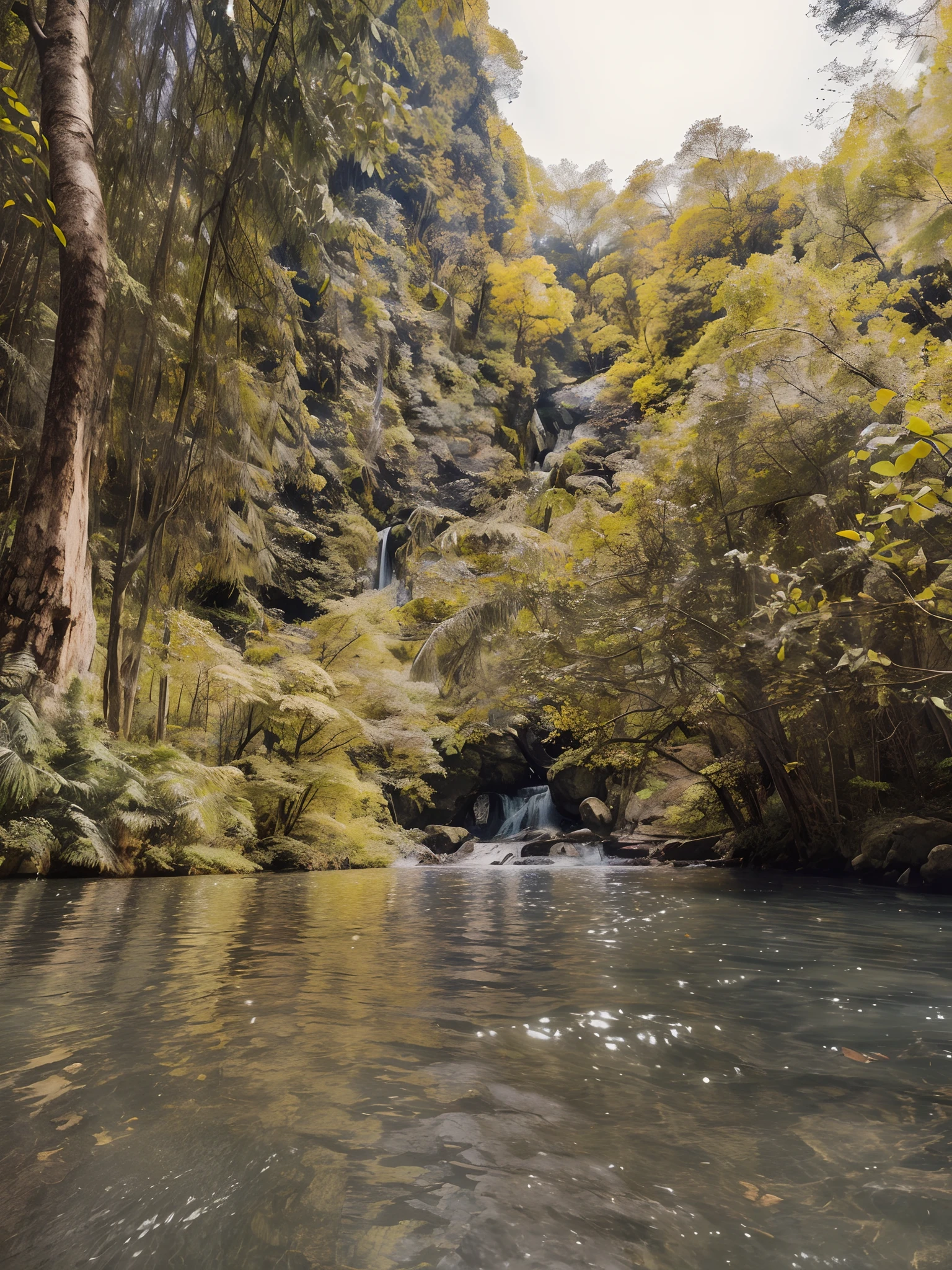 1girl, surreal beautiful young woman, wearing colorful dress, big waterfall, walking under the waterfall, back to the audience, ethereal beauty, full body, character ratio is only 1/8, lake surface, ((large grove)), Tyndall ray, realism, cinematic lighting, ray tracing, optical illusion, lens flare, 120mm, f/1.2, Sony FE GM, Ultra HD, Retina, Masterpiece, ((Best Quality)), ((Masterpiece)), (Very detailed: 1.3)