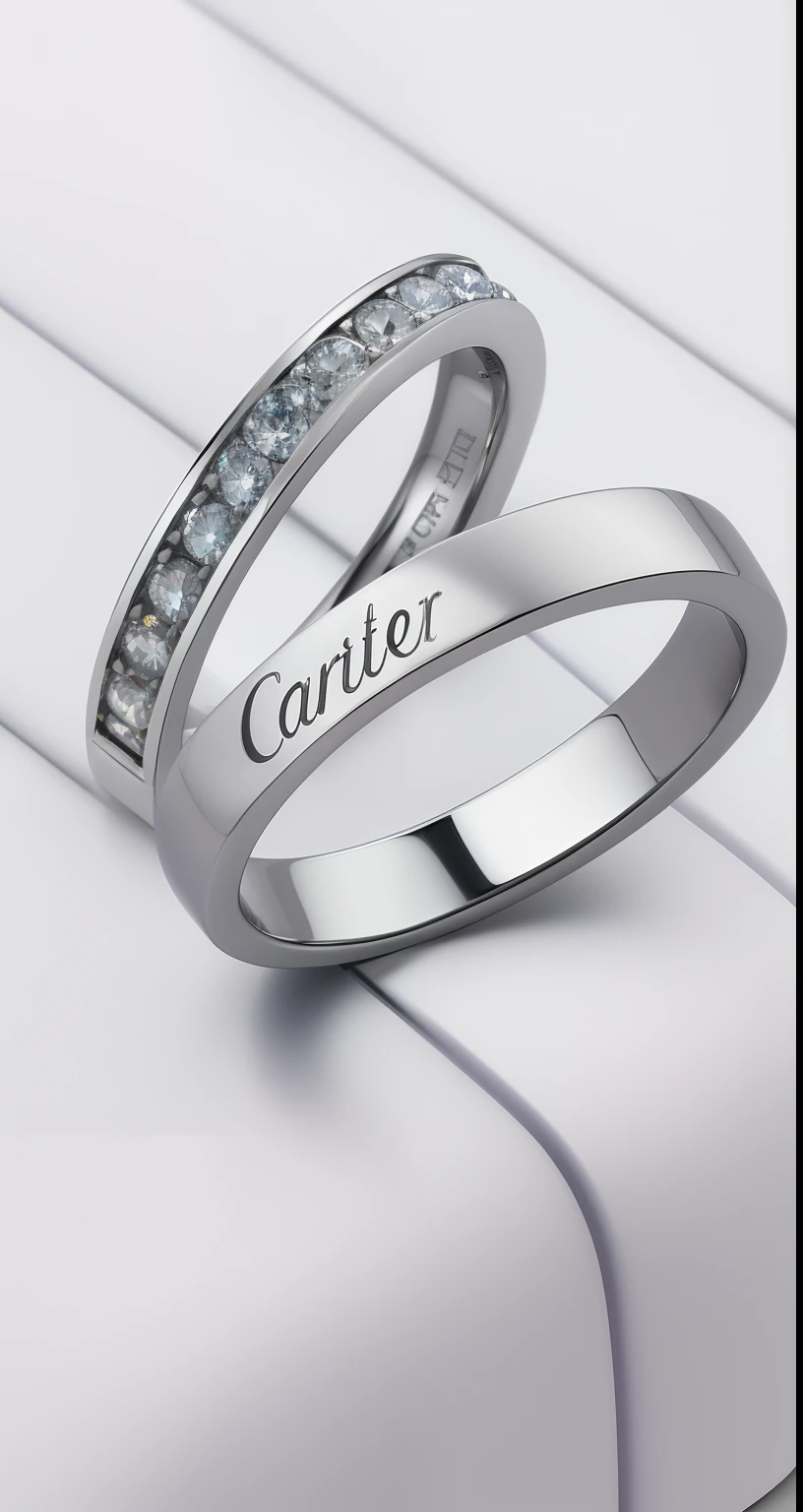 Close-up of two wedding rings engraved with their names, cartier style, cartier, platinum jewellery, magic ring with a diamond, engagement ring ads, ring, Inspired by Peter de Lin, Engraved, The ring is horizontal, inner ring, hyper realisitc, Nipple Ring, very hyper realistic, Hyper-realistic, hyper - realistic, ultra realistic”, hyperrealistic”,metalictexture,Detailed picture,4K Ultra HD, 超高分辨率, (Photorealistic: 1.4), Best quality,tmasterpiece,(pastel colour:1.2)