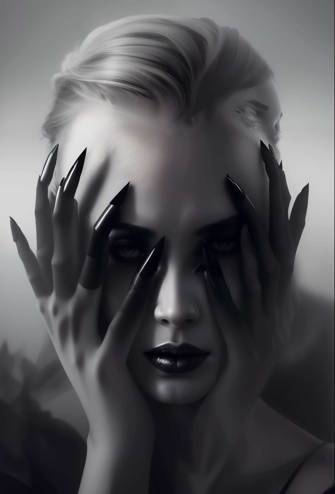 arafed woman with black nails covering her face with her hands, steven klein, flora borsi, hands retouched, inspired by Claude Cahun, joel fletcher, inspired by Maciej Kuciara, hands on face, with black eyes, erwin olaf, photography alexey kurylev, photography alexey gurylev, surreal portrait photography, dramatic artwork