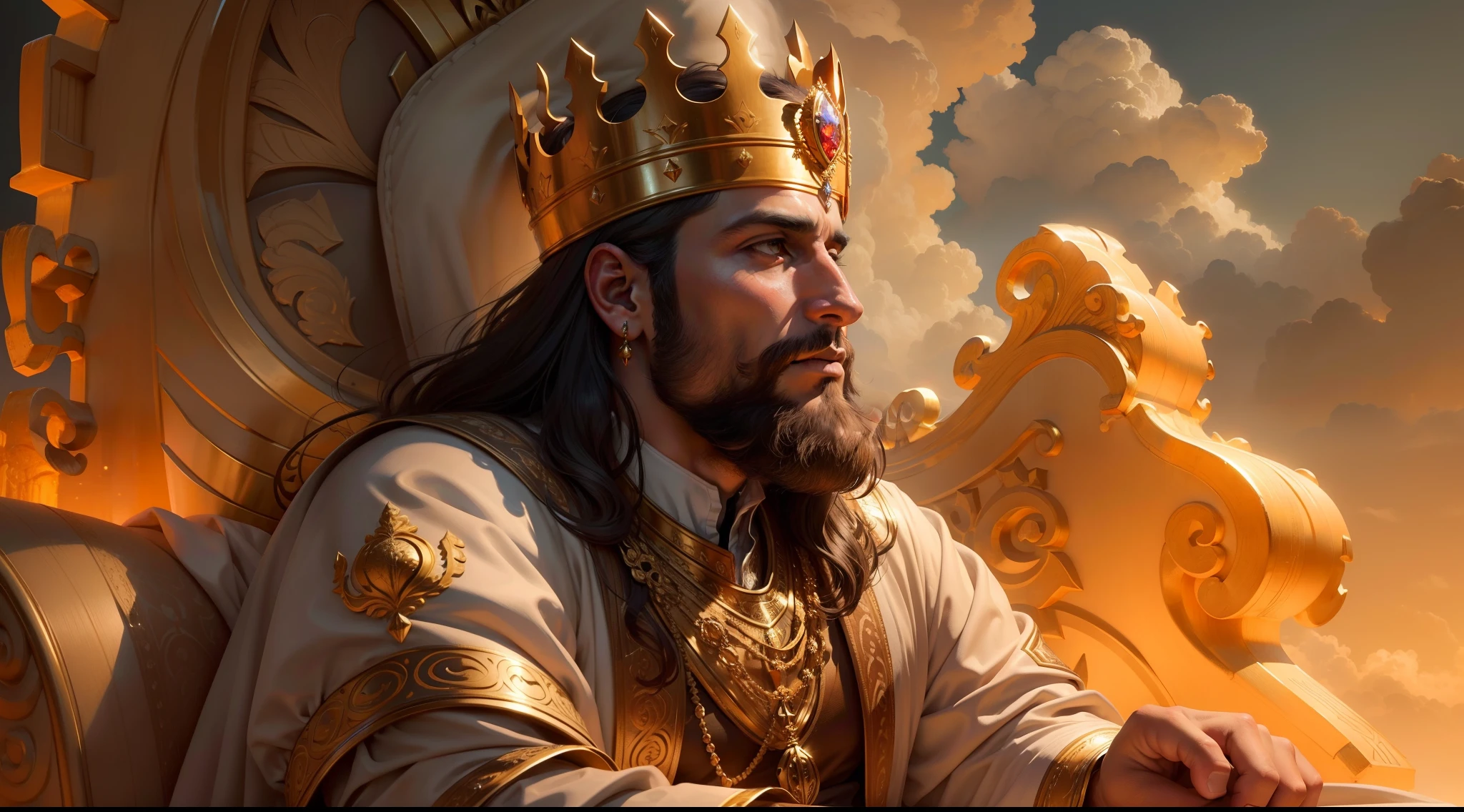 (best quality,Realistic:1.2),Solomon sitting on the throne with a golden crown,profile view,lugar escuro e com ar de tempestade extremamente detalhado,ultra-realistic,Realistic facial features,barba,real expression,Traje real,Regal Pose,Sombras e aprimoramentos,Gemas cintilantes na coroa,cores ricas e vibrantes,Historical art style,subtle lighting effects,Nuvens em Chamas,grandeza,Aura divina