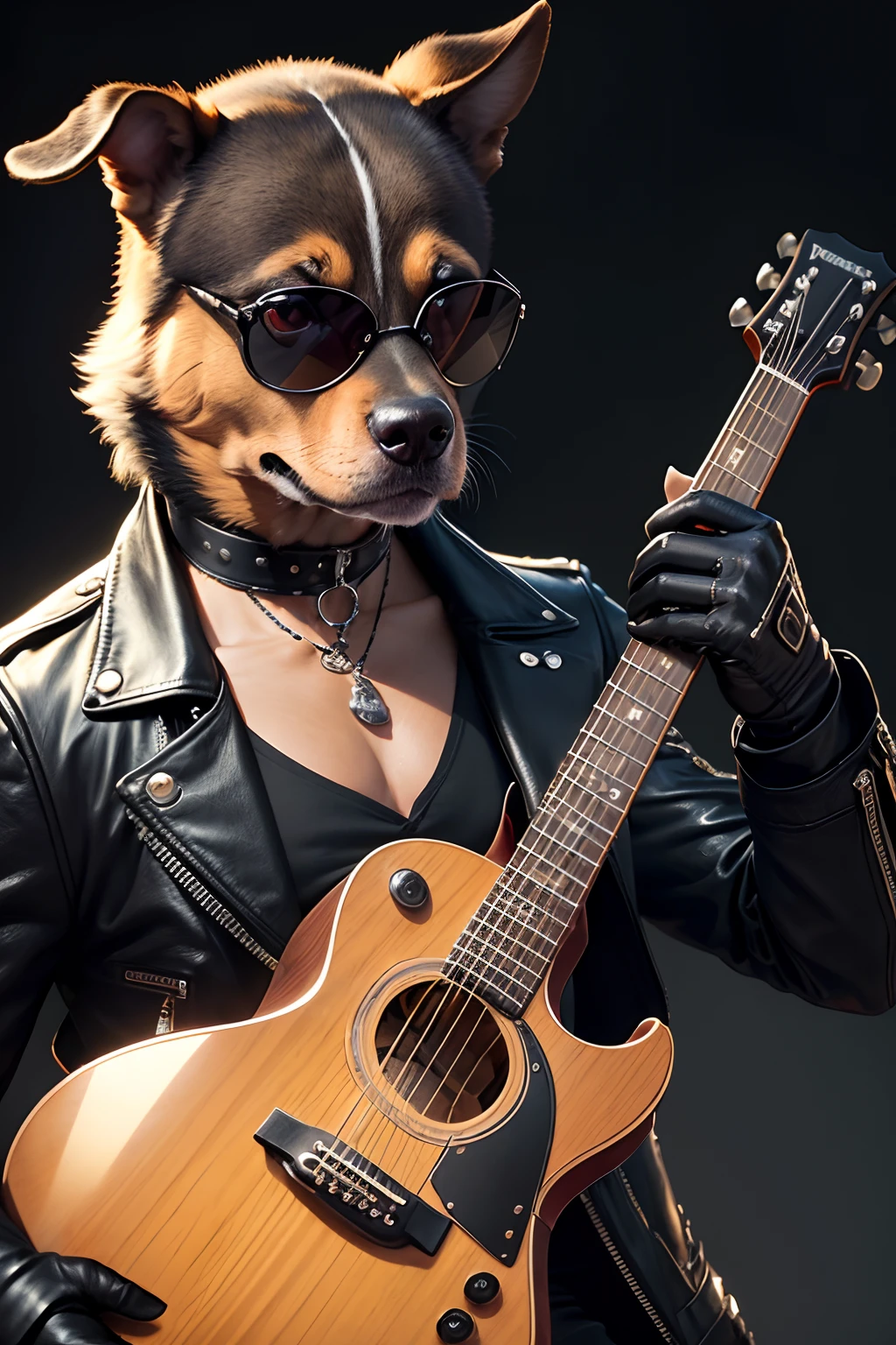 a dog (anthropomorphic turtle) wearing a choker, sunglasses, a black leather jacket, (black gloves), holding an acoustic guitar, like an artist. (best quality, high resolution), ultra-detailed, (realistic:1.37), Portraits, vibrant colors, studio lighting, Bokeh, with a rebellious color palette and energetic lighting effects.