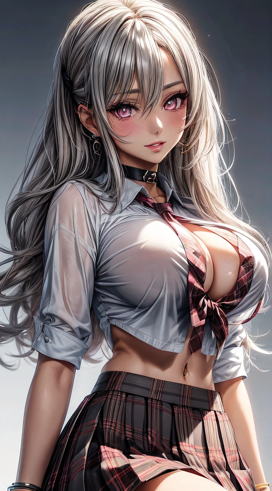 (anime style),masterpiece, best quality, ultra-detailed, glistening shiny, glowing light, ray tracing, HDR, deph of field, (perfect face, detailed face, detailed eyes),(big boobs:1.2),8k,HD,ultra realistic face,ray tracing,perfect lighting,best quality, ultra-detailed, shiny eyes, (looking at viewer,sensual smile kiss:1.1), ((1girl)), (gyaru, mature female:1.4),hourglass_body shape, marin,long hair,((gray gradient hair)),pink eyes, gradient eyes, (glowing eyes:1.1), mascara, (fashion make up), parted lips, small pink skirt, short pink and white shirt, jewelry, school uniform, pleated skirt, earrings, necktie, choker, grin, bracelet, plaid,black choker, plaid skirt, piercing, ear piercing, bright pupils,tied shirt, bead bracelet,(white background), sensual poses,