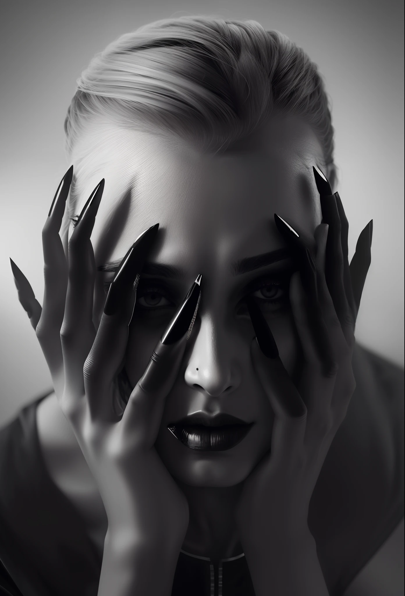 arafed woman with black nails covering her face with her hands, steven klein, flora borsi, hands retouched, inspired by Claude Cahun, joel fletcher, inspired by Maciej Kuciara, hands on face, with black eyes, erwin olaf, photography alexey kurylev, photography alexey gurylev, surreal portrait photography, dramatic artwork