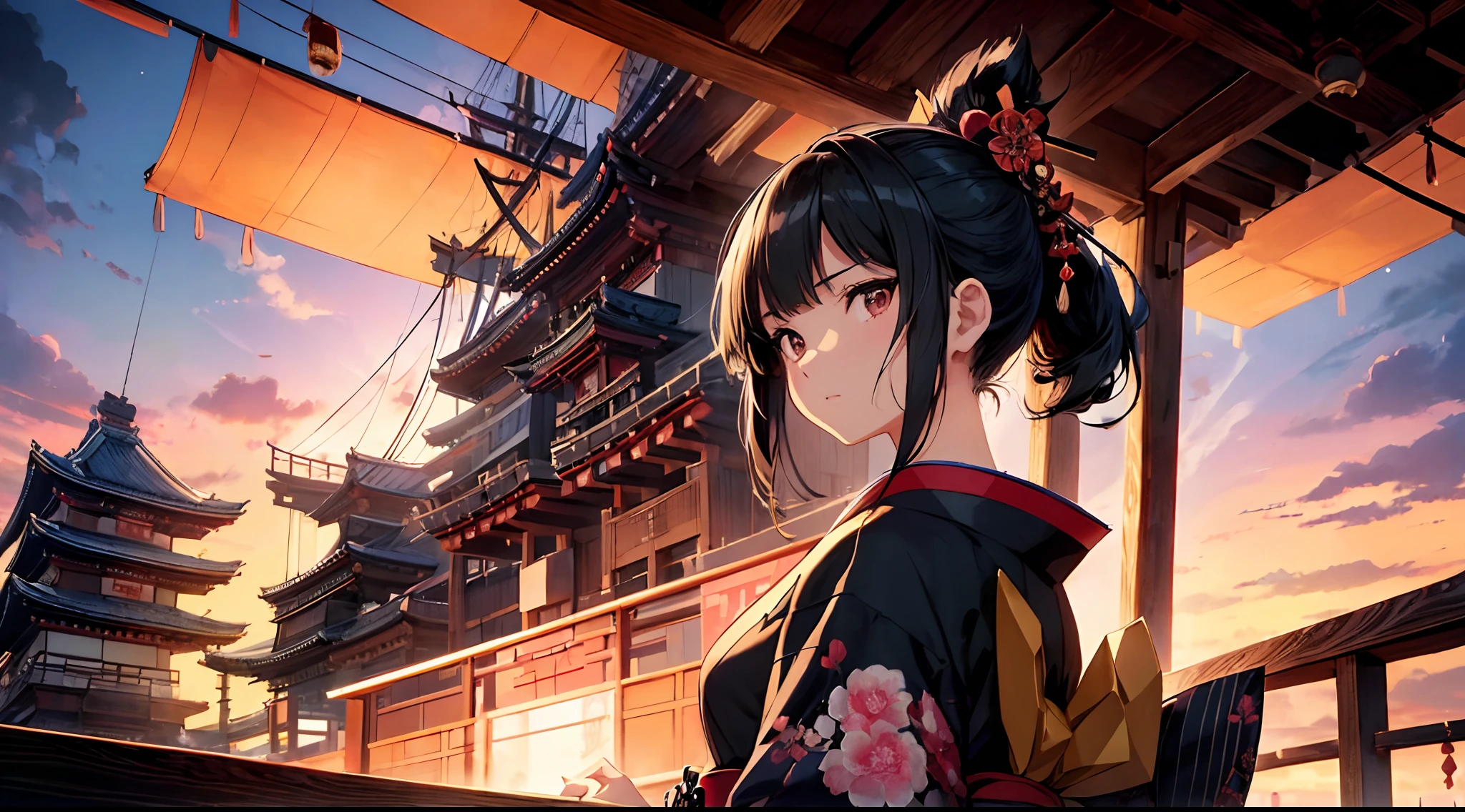 1 samurai girl, Standing at the bow of the ship, Character focus ,(Movie Angle), From below, From the side Side ,Japanese relaxed clothing, Colorful kimono ,Black hair,Serious face ,(((watching the future))),high resolution,(unbelievable Ridiculous),anime visual,Extremely detailed Cg Unity 8K wallpaper, ((Masterpiece)), ((top-quality)), (Beautiful illustration), ((An extremely delicate and beautiful))