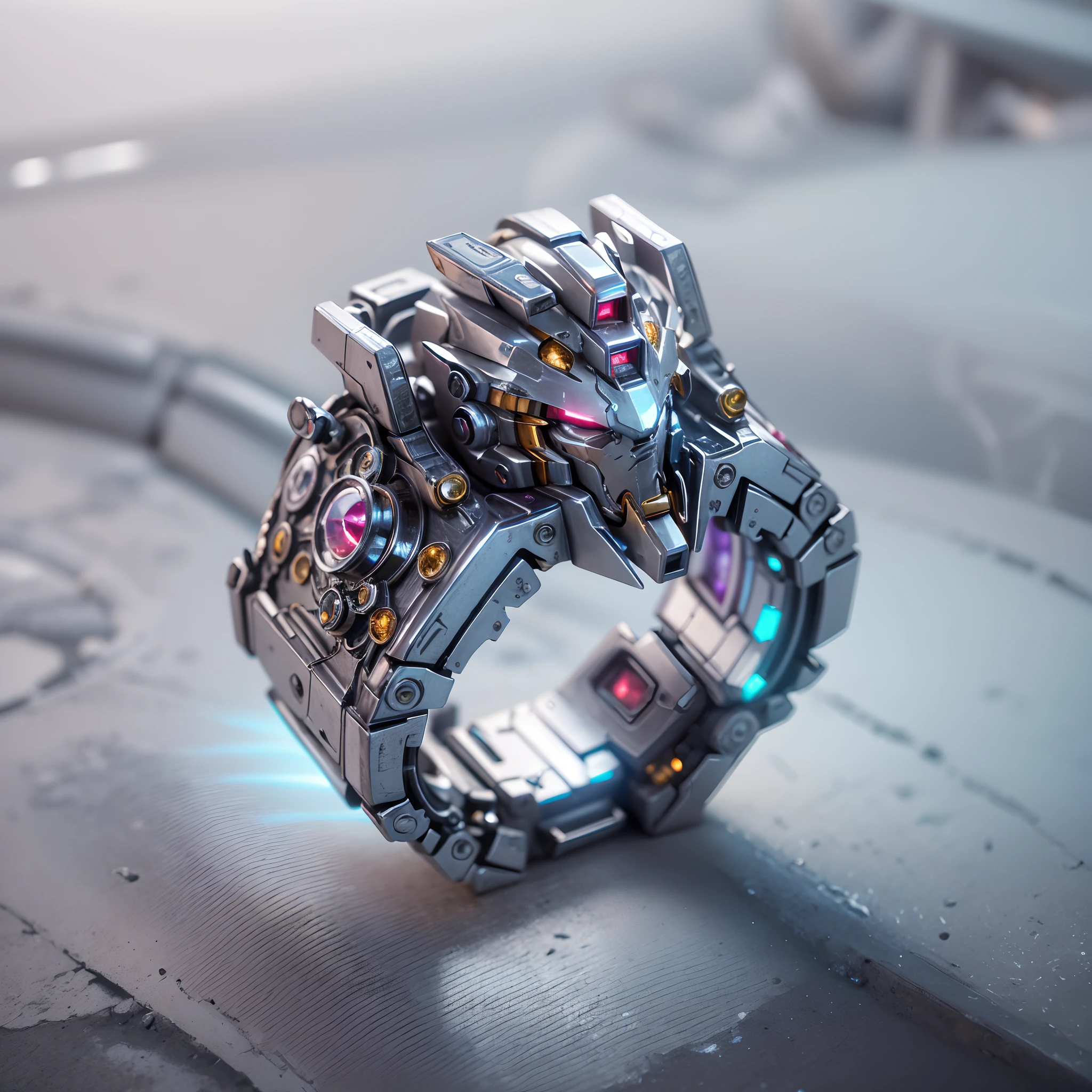 object,(Nothing but the ring),(No Man), (1 complex magic ring made from Gundam mechs,The head of the Gundam mech is engraved on the ring,The entire ring is made of titanium with ruby,Sci-fi from start to finish,Details with a metallic icy texture,Future mechanical technology process made,metallic luster,Icy mechanical line beauty), Simple sci-fi background,Colorful colorful, luxury goods,Positive image, product-view, solofocus, Ballpoint pen stroke,(tmasterpiece), high qulity,1.4 times real