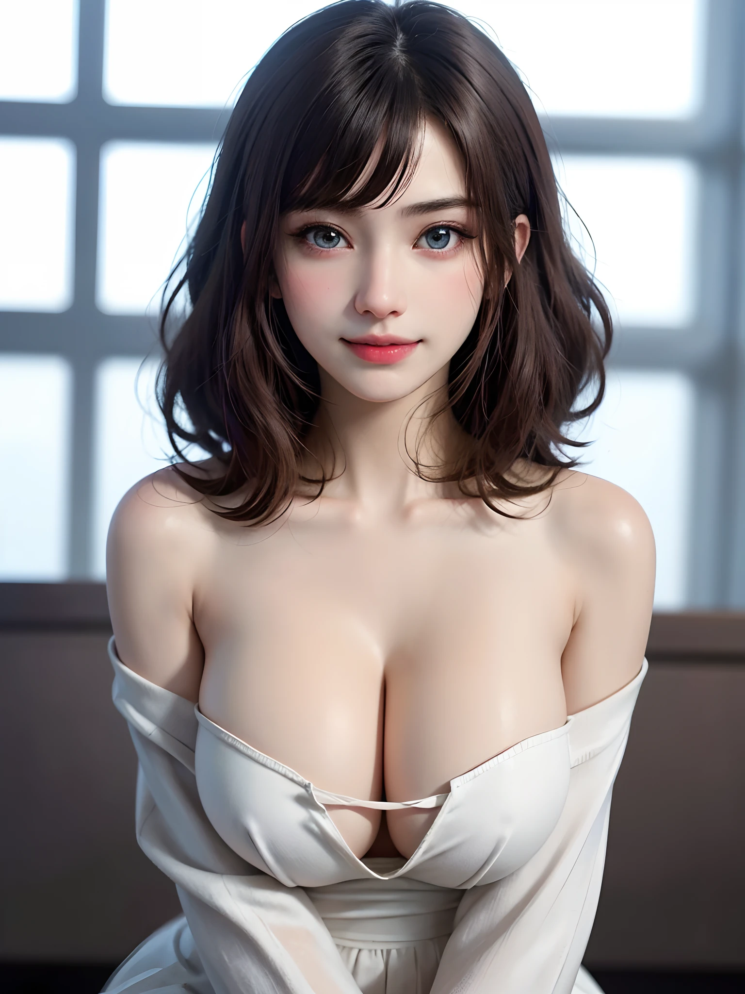 ((masutepiece)), (Best Quality), (Detailed), (1girl in), (Internal Data Stream) ,(A very beautiful woman with a very cute smile),(Very beautiful face symmetrical),(A woman full of adult charm who is too beautiful),(Add intense highlights to the eyes),Beautiful shiny gradient hair, Light blue eyes,very shiny beautiful hair with straight bangs,,Wearing a modern white shirt and black dress, Covered with data particles,Look firmly at the camera、{Gigantic|Big|Huge|Mega} breasts, cleavage