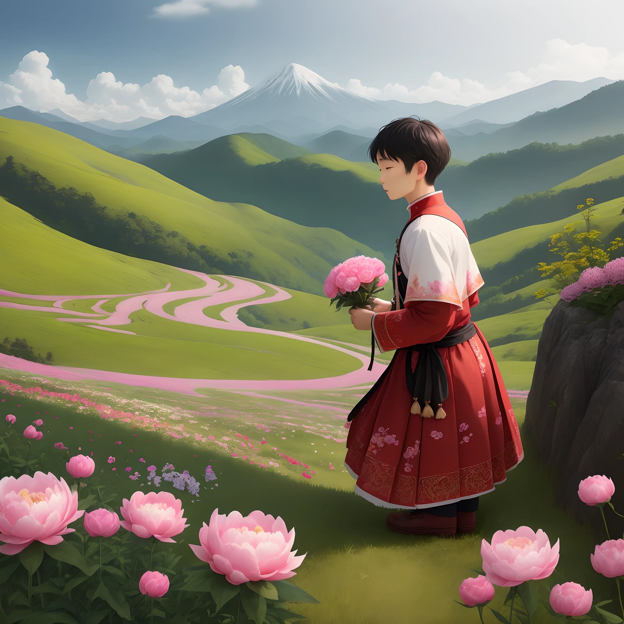 On the Hundred Flowers Mountain,A young lad takes care of his colorful flower-rich flower mountain, Carefully arrange them neatly in a row.He bent down curiously,Talk to peony flowers face to face。Peony said proudly:"I am the king of flowers,My petals are as gorgeous as damask 。”
Against the backdrop of rolling hills, His traditional costumes contrast with vibrant flowers, Evokes a quiet sense of contemplation.