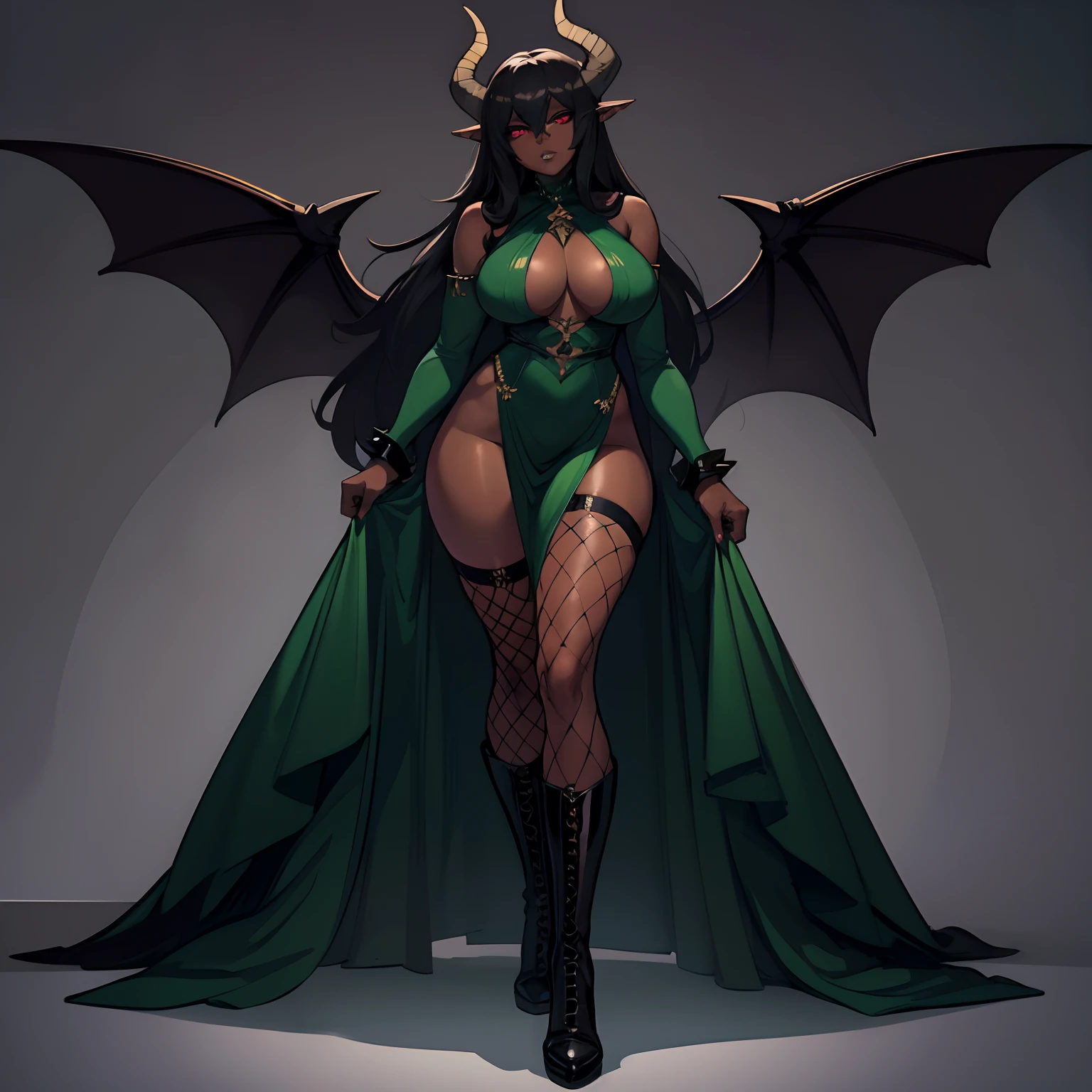 one mature ebony skinned female with red eyes, silver flowing long hair, a form fitting green dress, wearing thigh high fishnets, wearing thigh high combat boots, thicc, has black demonic wings, has tiefling horns, SOLO, ALONE, (SOLO)(ALONE), ebony skin tone, dark skin tone, green dress, form fitting green dress