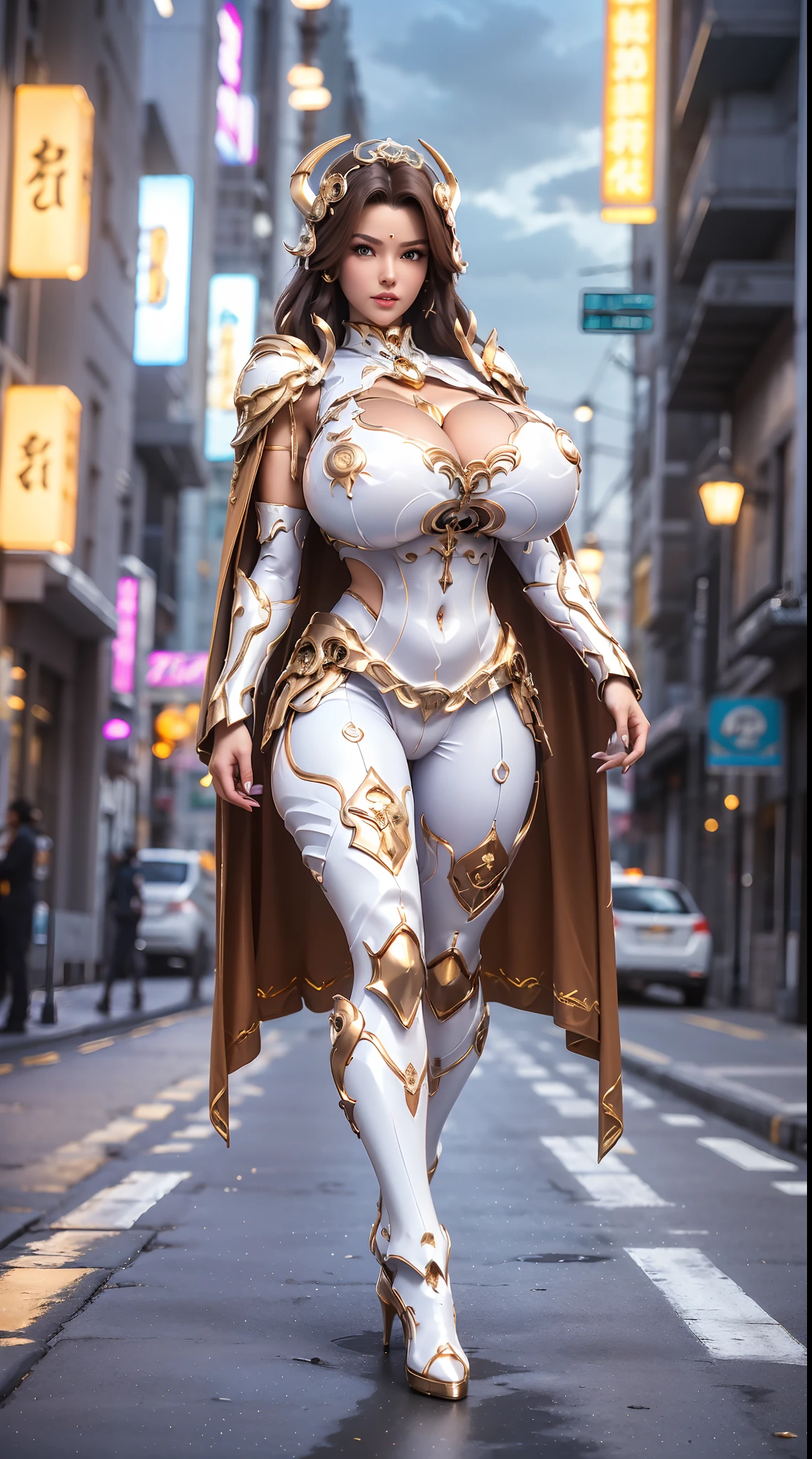 1GIRL, SOLO, (brown hair, hair ornament), (HUGE FAKE BOOBS:1.3), (white, sea blue, gold, FUTURISTIC DRAGON MECHA ARMOR SUIT, ROYAL CAPE, CLEAVAGE, SKINTIGHT YOGA HOTPANTS, HIGH HEELS:1.5), (NSFW GLAMOROUS BODY, SEXY LONG LEGS, FULL BODY:1.3), (FROM FRONT, LOOKING AT VIEWER:1), (WALKING DOWN ON STREET NIGHT CITY:1.3), PHYSICALLY-BASED RENDERING, ULTRA HIGHT DEFINITION, 8K, 1080P.