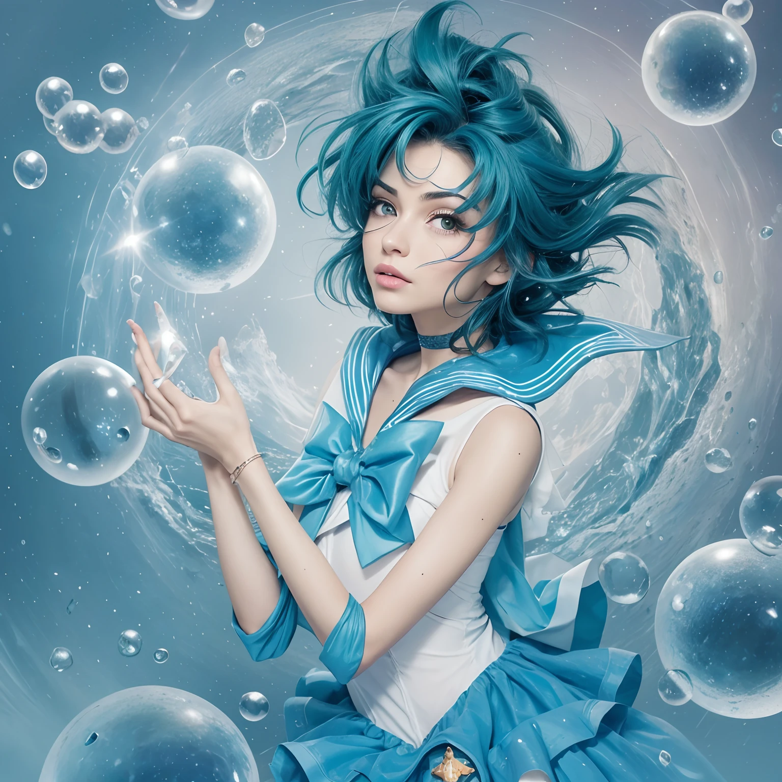 Close-up de uma mulher em um vestido a sailor white and blue dress, Hiperrealista. Realistic art station, cena da garota cercada por bolhas, arte de fantasia detalhada, arte de personagem impressionante, epic exquisite character art, Belo vestido de sailor, extremamente detalhado, , Cocar e Joias, captura de corpo inteiro. Ela tem grandes olhos azul-turquesa, rosto delicado, Cabelos Azuis Claros curtos. messy hair, franjas. She is one of the sailors in the Sailor Moon universe. Linda garota japonesa. Cabelo soprando no ar. Ela tem uma aura brilhante poderosa.