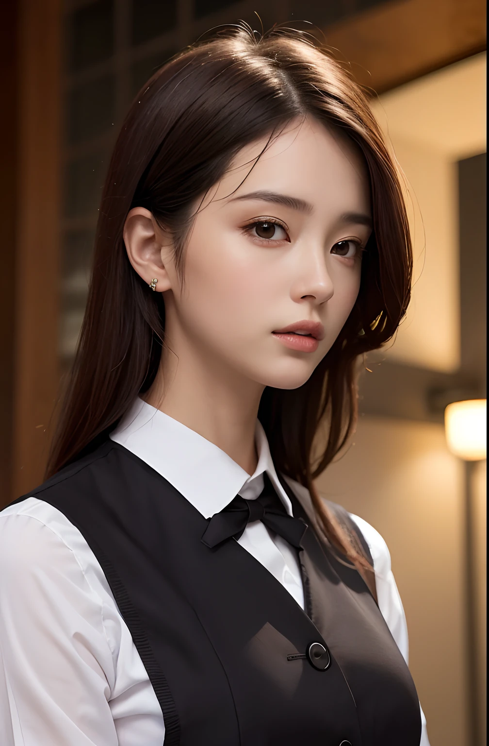 best quality, masterpiece, (photorealistic:1.4), 1girl, light smile, shirt with collars, waist up, dramatic lighting, from below
