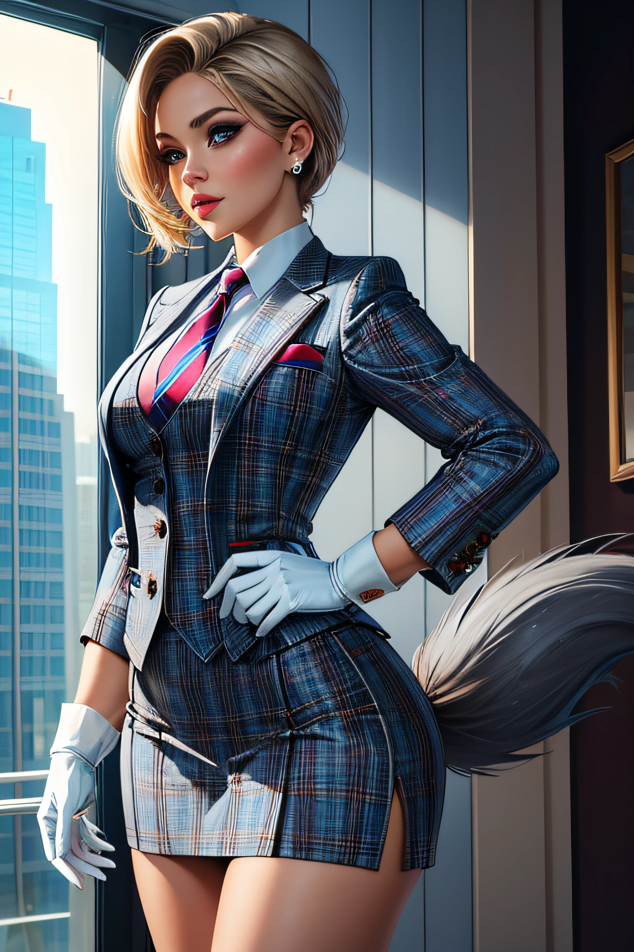 masterpiece, best quality, 1girl, skirt suit, (((three piece suit))), grey plaid suit, necktie, waistcoat, bodycon skirt, short, shortstack, tail, bushy tail, makeup, tie clip, white gloves
